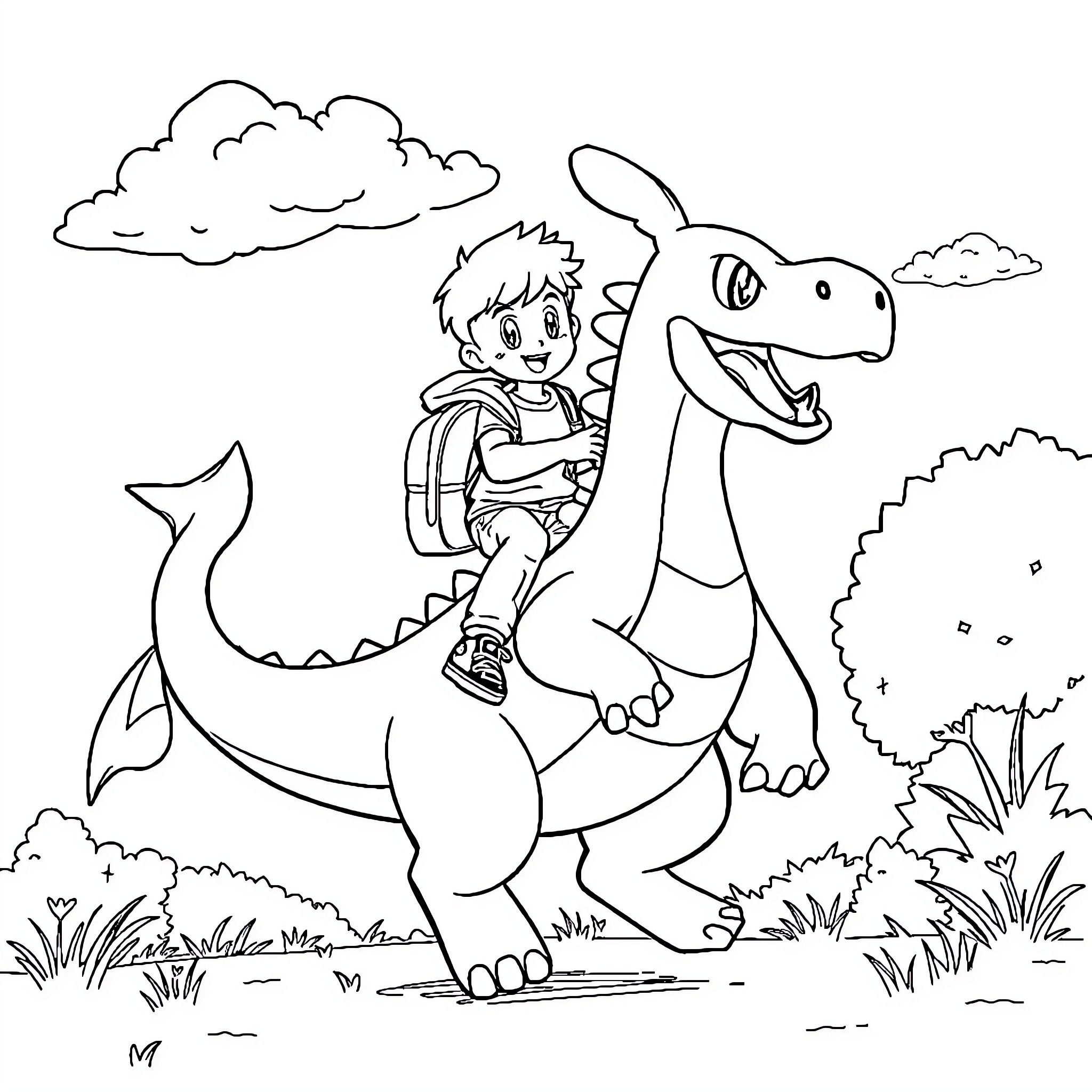 Boy riding a friendly dinosaur through the wilderness Coloring Page (free black-and-white line drawing printable PDF for all, from beginners to advanced learners, including children, teens, adults, and seniors)