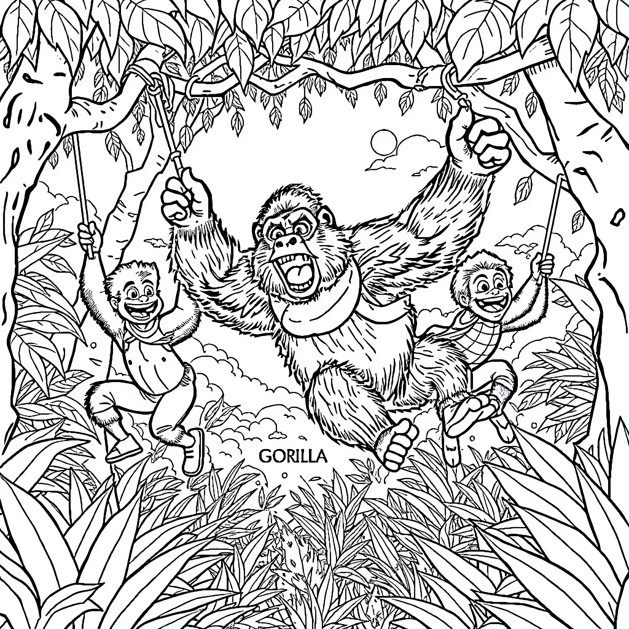 Gorilla playing joyfully with friends in the jungle Coloring Page (free black-and-white line drawing printable PDF for all, from beginners to advanced learners, including children, teens, adults, and seniors)