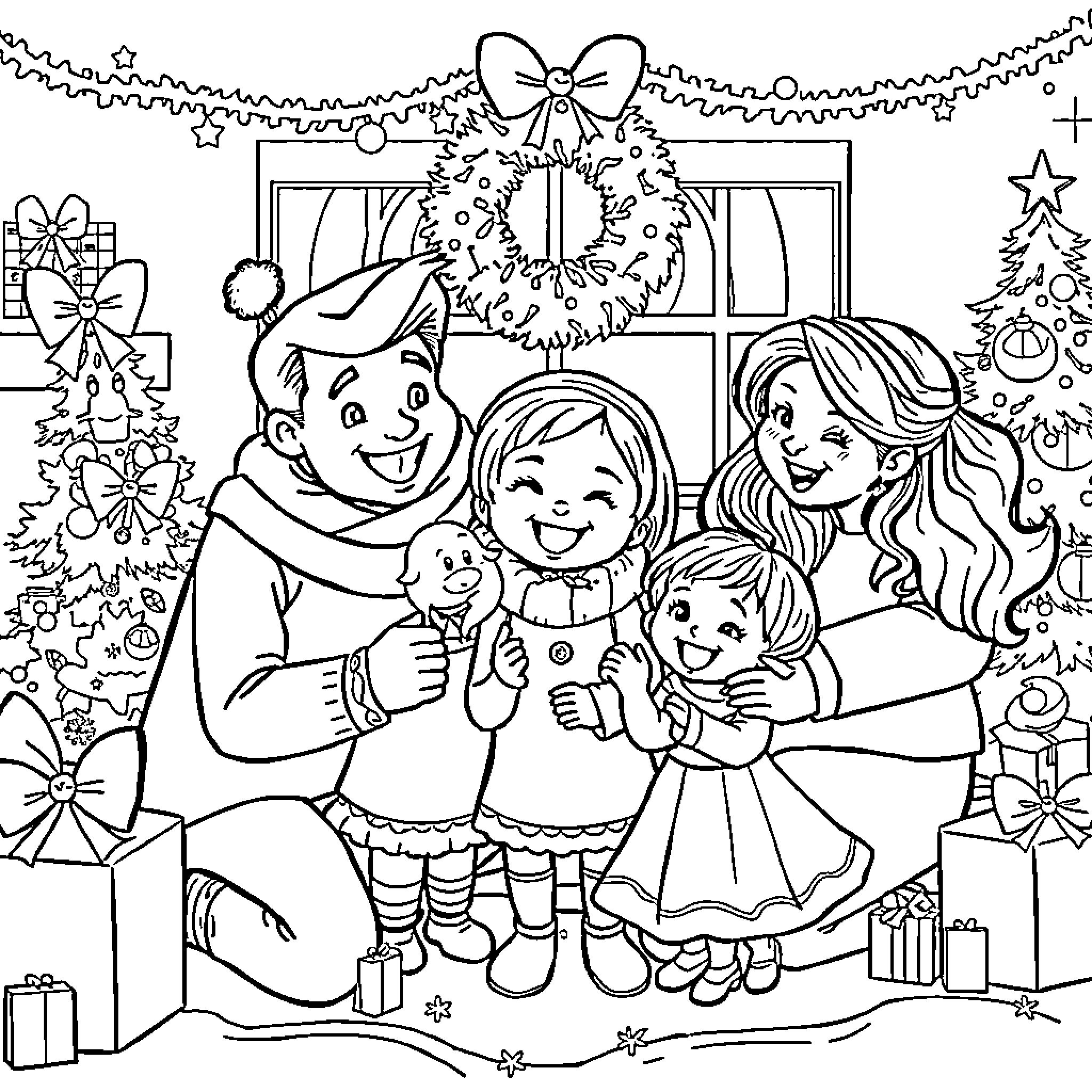Bluey's Festive Family Fun Coloring Page (free black-and-white line drawing printable PDF for all, from beginners to advanced learners, including children, teens, adults, and seniors)