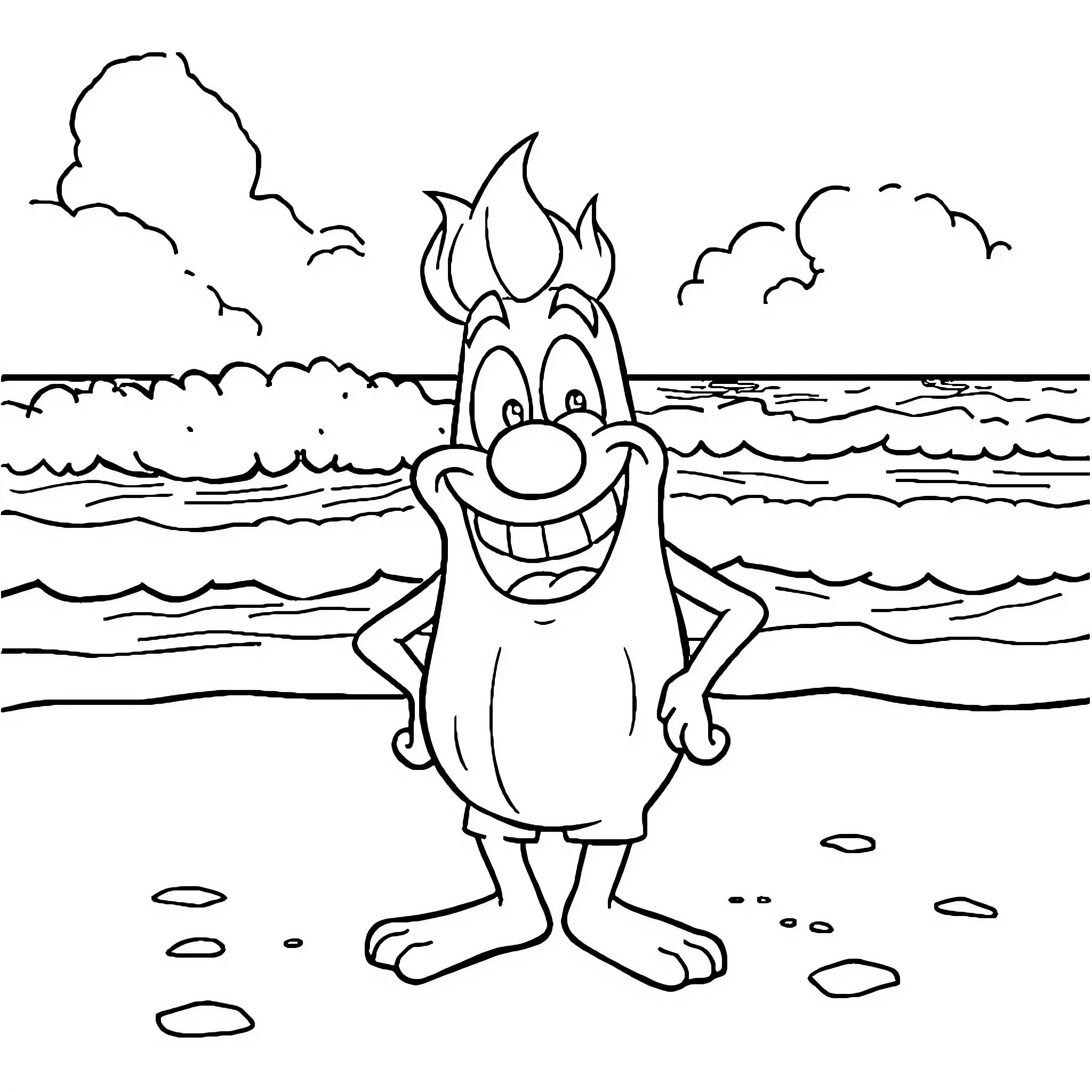 Grimace of a Cheerful Monster by the Seaside Coloring Page (free black-and-white line drawing printable PDF for all, from beginners to advanced learners, including children, teens, adults, and seniors)