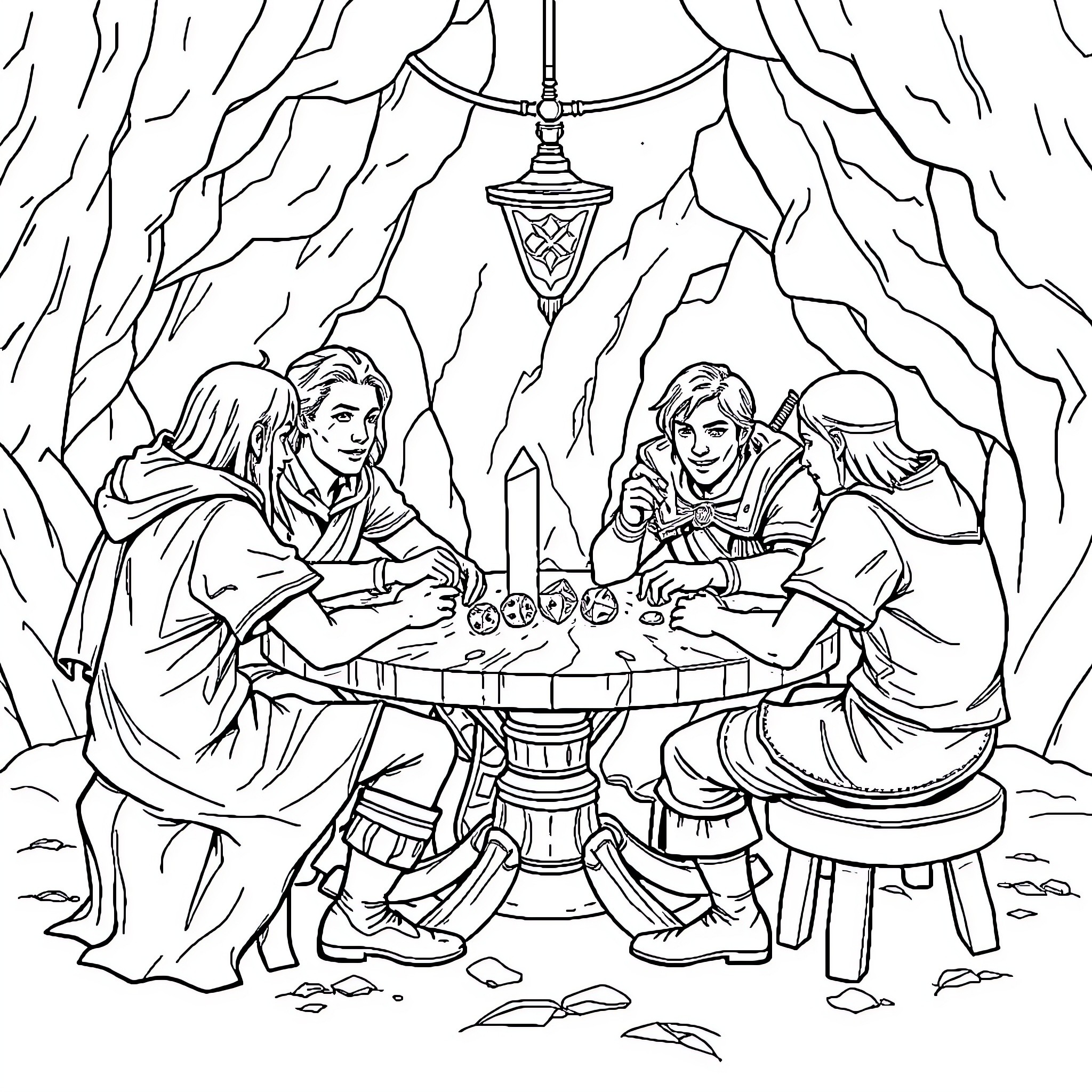 D&D Party Playing Tabletop Game in Cave Coloring Page (free black-and-white line drawing printable PDF for all, from beginners to advanced learners, including children, teens, adults, and seniors)