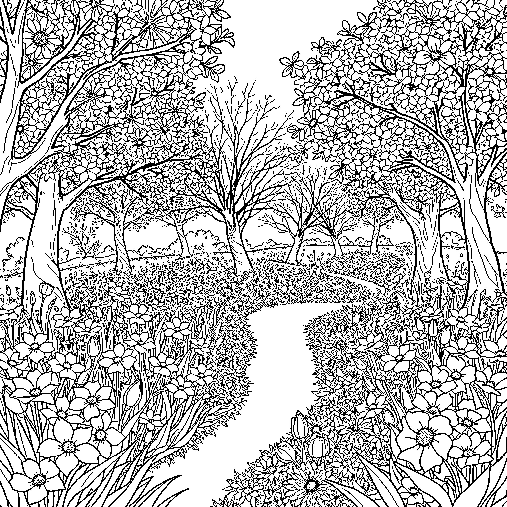 Garden Path Surrounded by Flowering Plants and Trees Coloring Page (free black-and-white line drawing printable PDF for all, from beginners to advanced learners, including children, teens, adults, and seniors)
