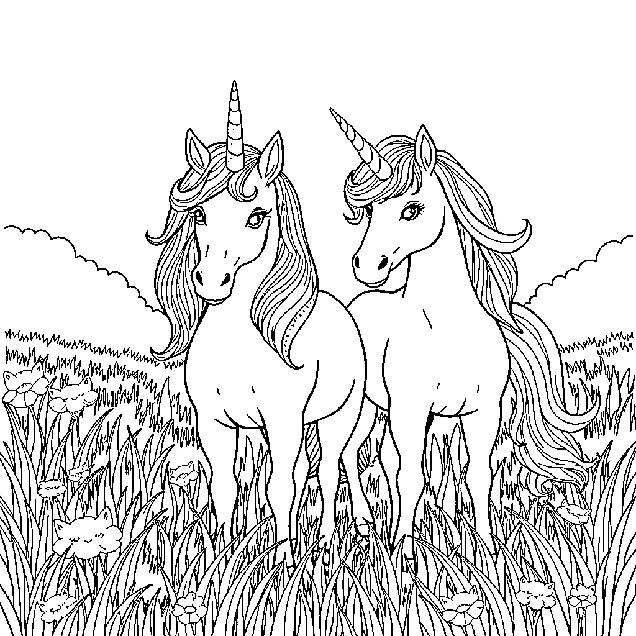 Unicorn companions in a magical meadow Coloring Page (free black-and-white line drawing printable PDF for all, from beginners to advanced learners, including children, teens, adults, and seniors)