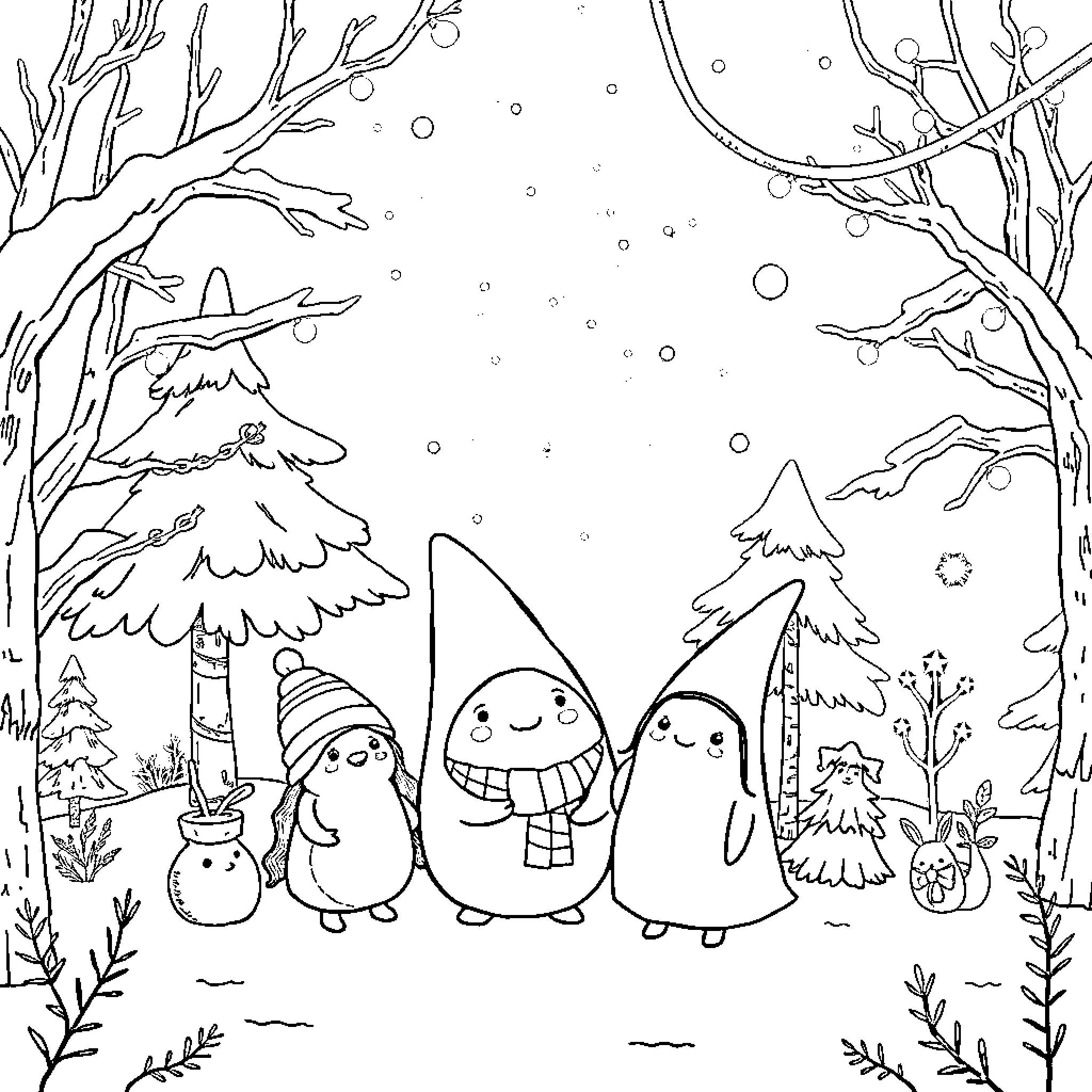 Over the Garden Wall: Cheerful Gnomes in Snowy Forest Coloring Page (free black-and-white line drawing printable PDF for all, from beginners to advanced learners, including children, teens, adults, and seniors)