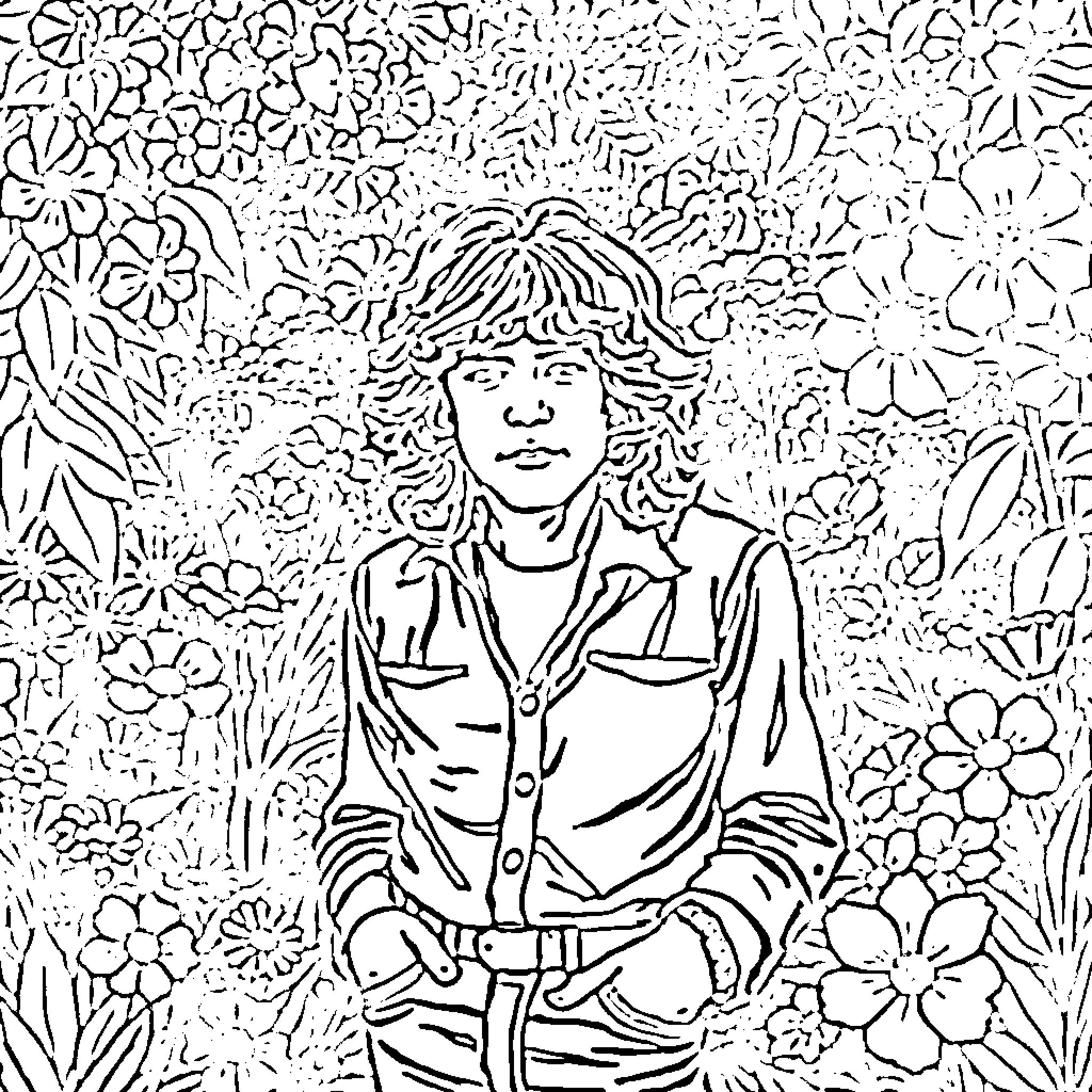 Jim Morrison amidst a floral psychedelic landscape Coloring Page (free black-and-white line drawing printable PDF for all, from beginners to advanced learners, including children, teens, adults, and seniors)