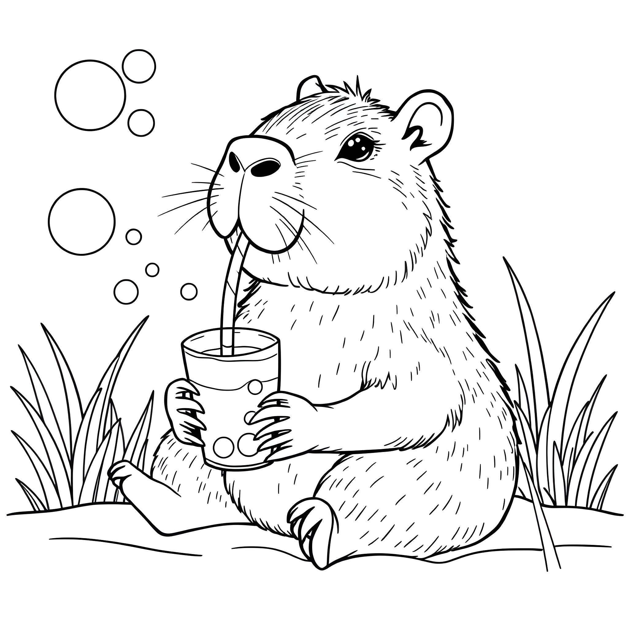 Capybara enjoying a refreshing drink Coloring Page (free black-and-white line drawing printable PDF for all, from beginners to advanced learners, including children, teens, adults, and seniors)