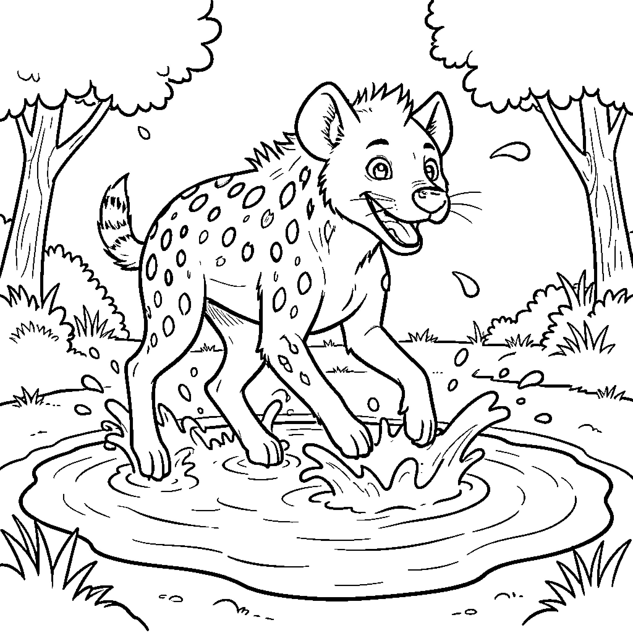 Hyena splashing joyfully in a small puddle Coloring Page (free black-and-white line drawing printable PDF for all, from beginners to advanced learners, including children, teens, adults, and seniors)