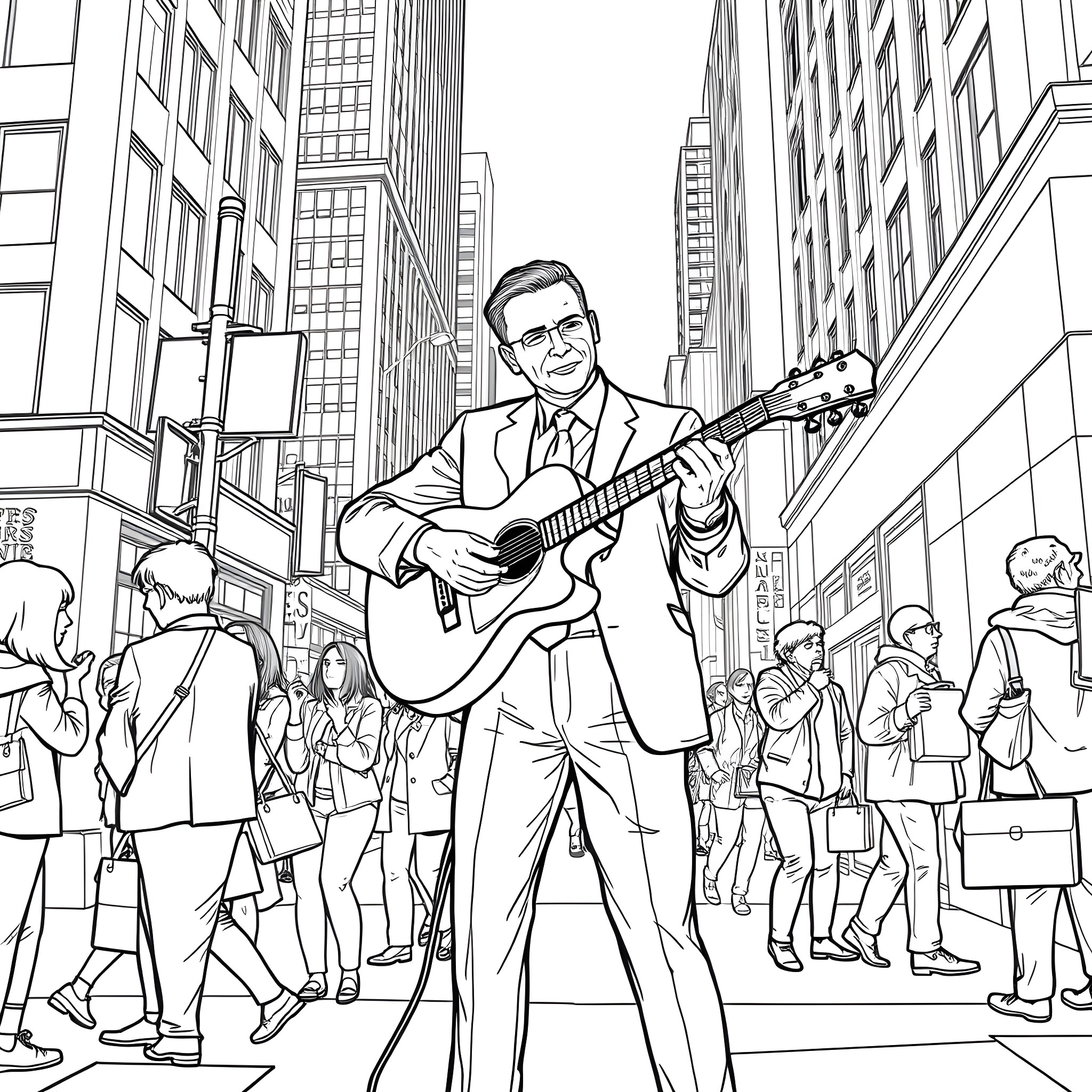Business Man Performing on the Street Coloring Page (free black-and-white line drawing printable PDF for all, from beginners to advanced learners, including children, teens, adults, and seniors)
