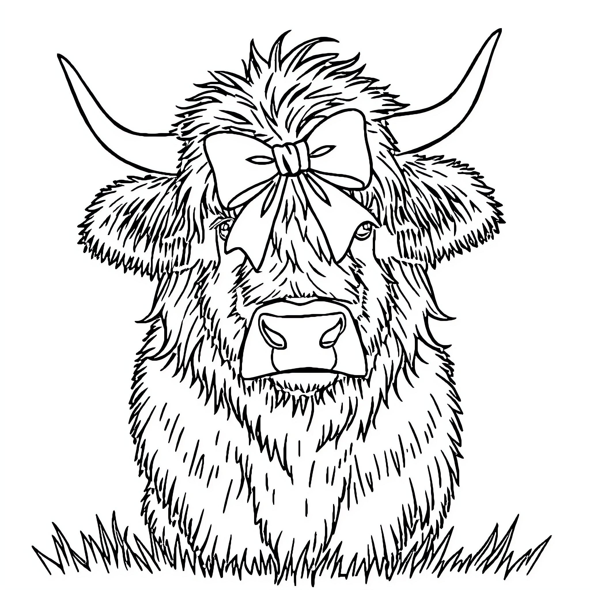 Highland Cow with Curious Expression Coloring Page (free black-and-white line drawing printable PDF for all, from beginners to advanced learners, including children, teens, adults, and seniors)