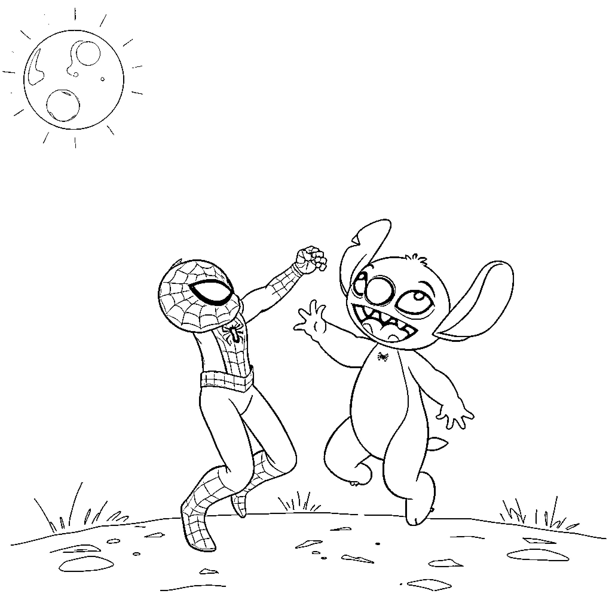 Spiderman playing with Stitch in the field Coloring Page (free black-and-white line drawing printable PDF for all, from beginners to advanced learners, including children, teens, adults, and seniors)