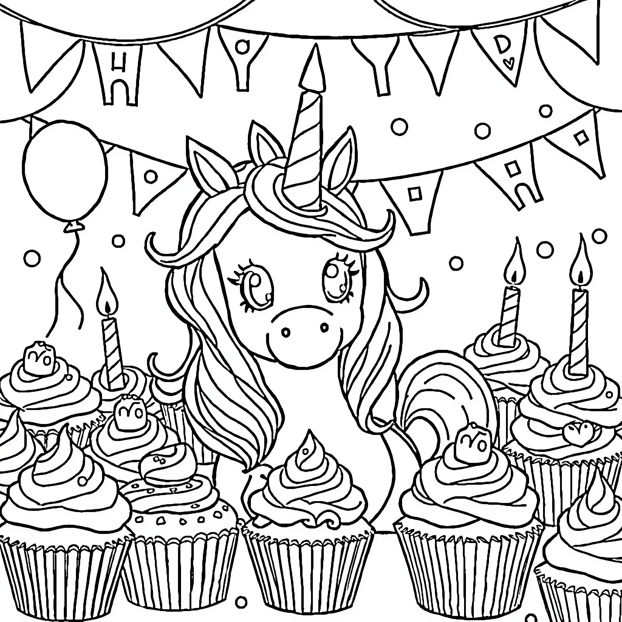 Unicorn celebrating a birthday party with cupcakes Coloring Page (free black-and-white line drawing printable PDF for all, from beginners to advanced learners, including children, teens, adults, and seniors)