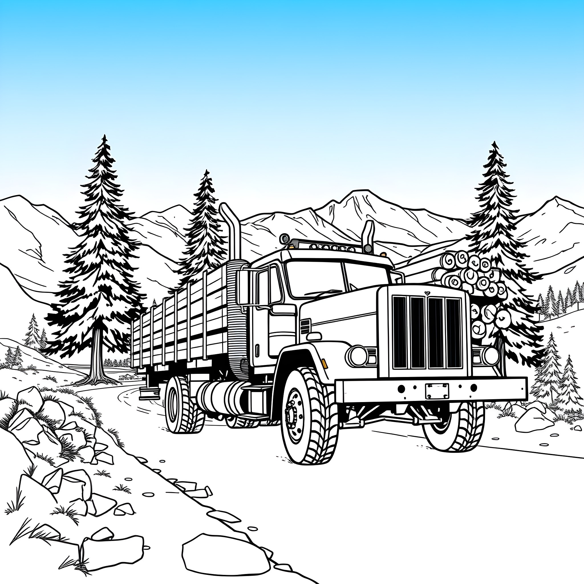 Hauling Logs Through Mountain Landscape Coloring Page (free black-and-white line drawing printable PDF for all, from beginners to advanced learners, including children, teens, adults, and seniors)