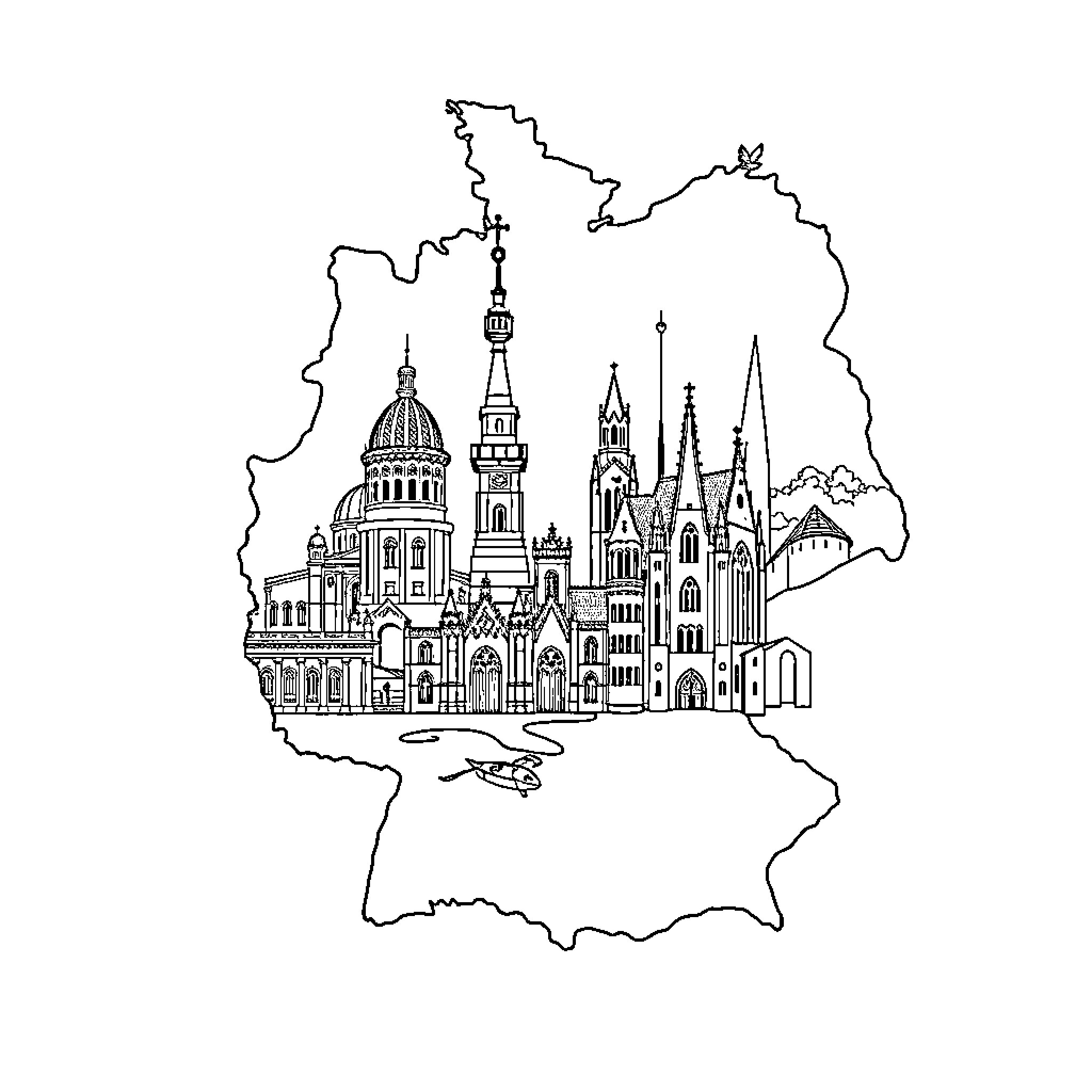 Germany's Iconic Architectural Landmarks Coloring Page (free black-and-white line drawing printable PDF for all, from beginners to advanced learners, including children, teens, adults, and seniors)