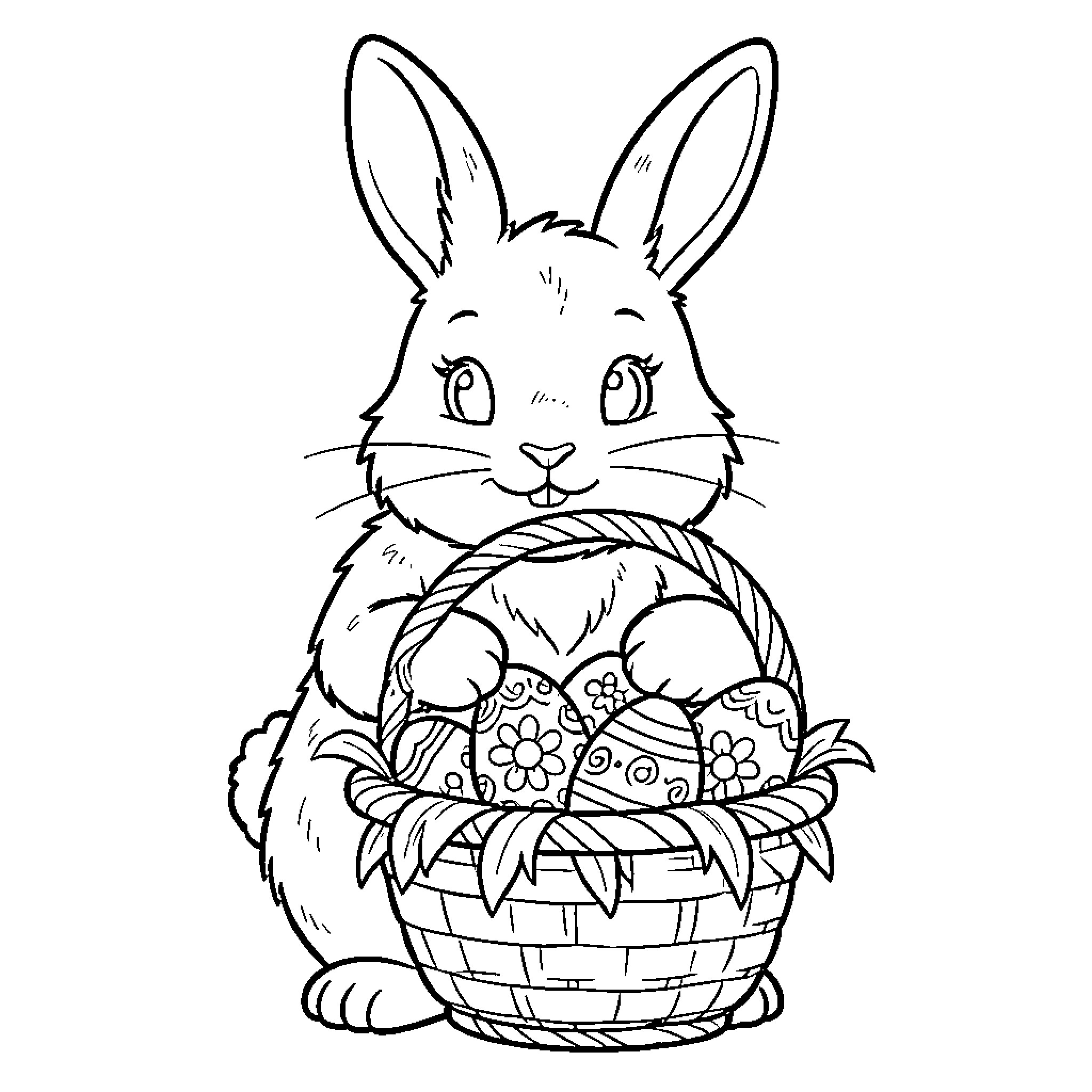 Bunny holding a basket of flowers Coloring Page (free black-and-white line drawing printable PDF for all, from beginners to advanced learners, including children, teens, adults, and seniors)