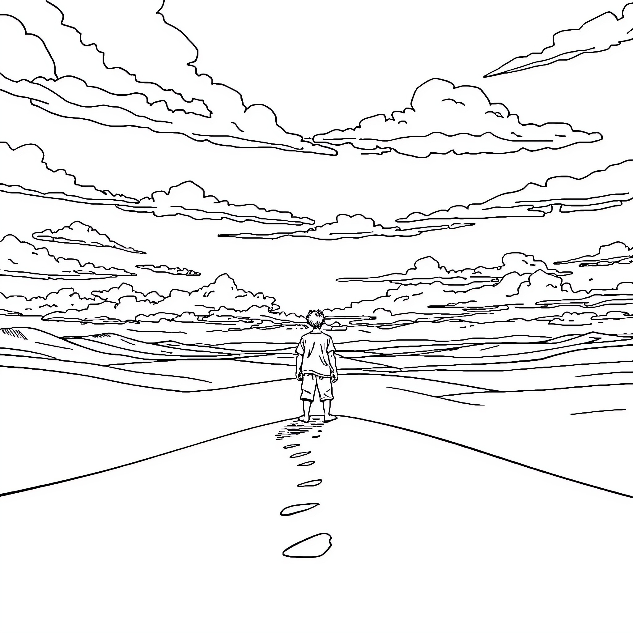 Boy walking alone on a winding path through the clouds Coloring Page (free black-and-white line drawing printable PDF for all, from beginners to advanced learners, including children, teens, adults, and seniors)