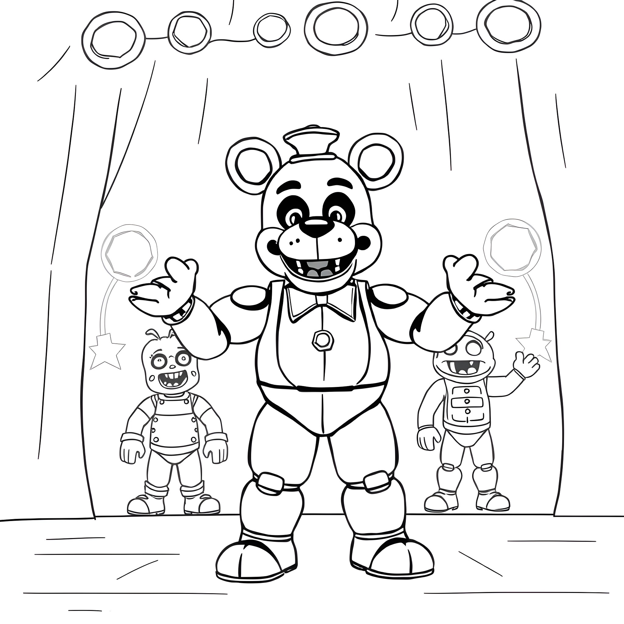 Freddy and his robotic friends in a performance Coloring Page (free black-and-white line drawing printable PDF for all, from beginners to advanced learners, including children, teens, adults, and seniors)