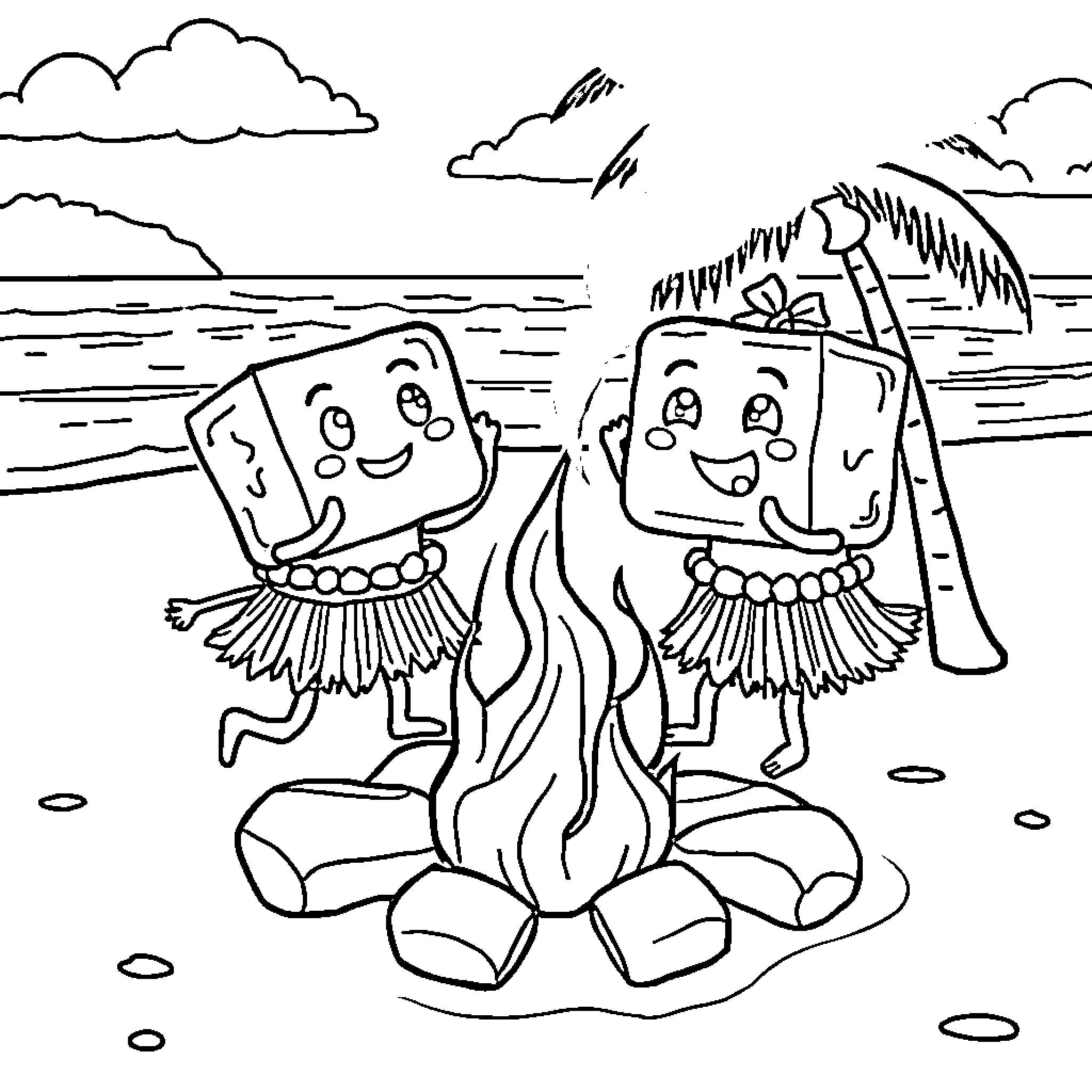 Ice Cube characters enjoying beach scene Coloring Page (free black-and-white line drawing printable PDF for all, from beginners to advanced learners, including children, teens, adults, and seniors)