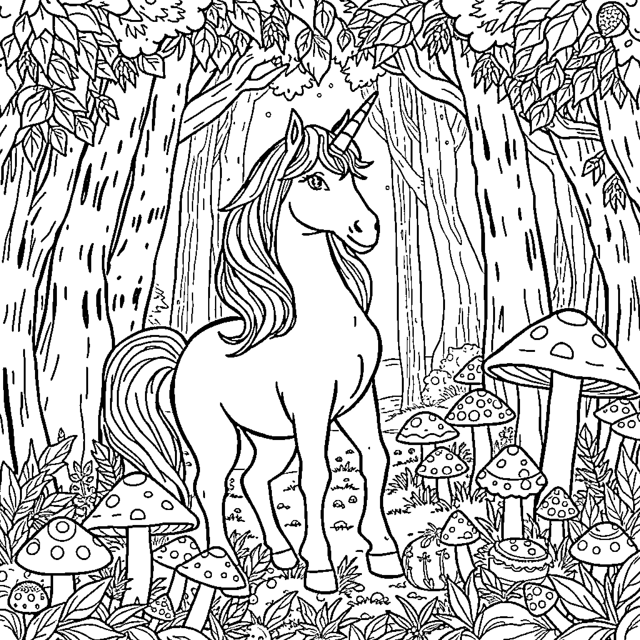 Unicorn standing amidst enchanting forest scenery Coloring Page (free black-and-white line drawing printable PDF for all, from beginners to advanced learners, including children, teens, adults, and seniors)