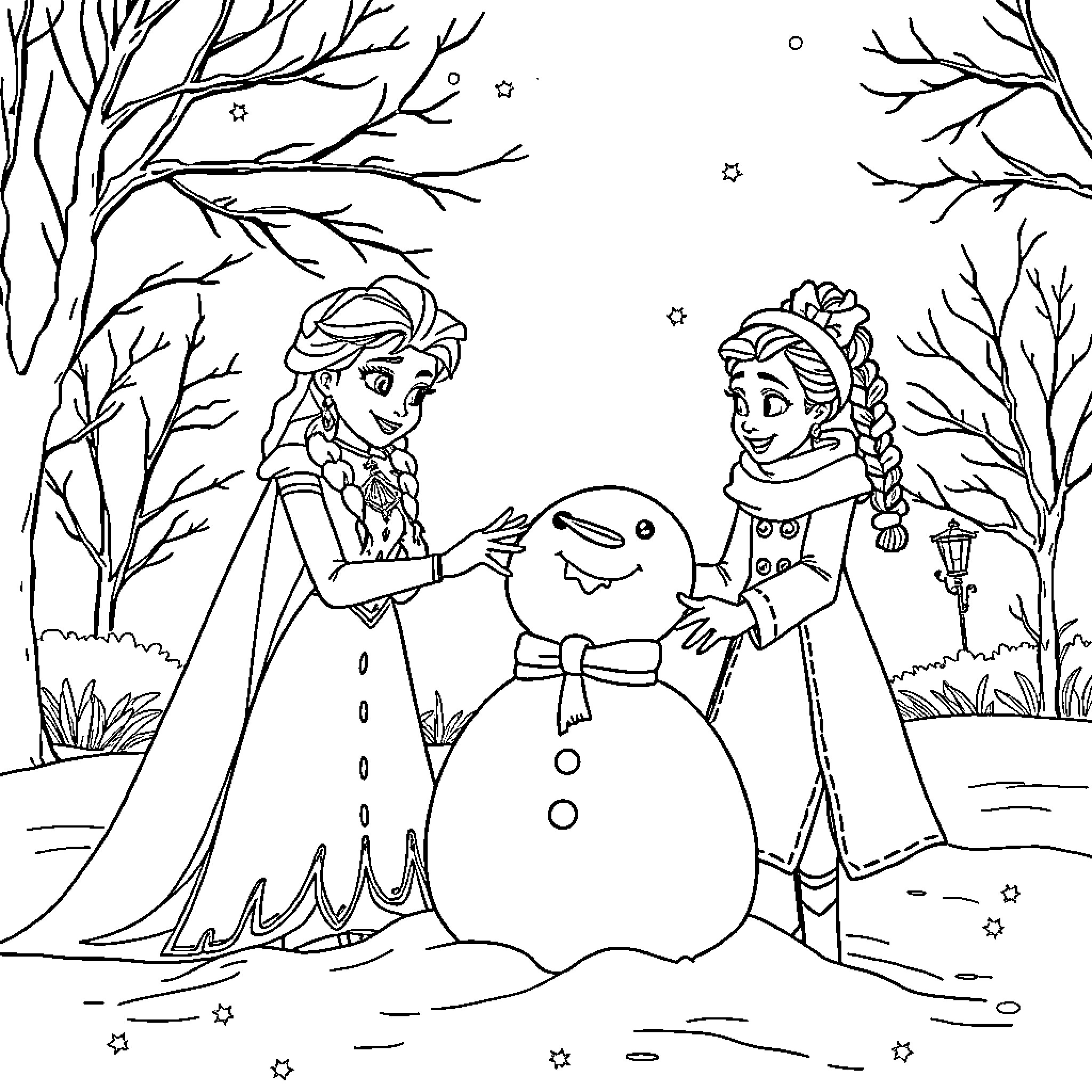 Elsa and Anna building a snowman in a winter wonderland Coloring Page (free black-and-white line drawing printable PDF for all, from beginners to advanced learners, including children, teens, adults, and seniors)