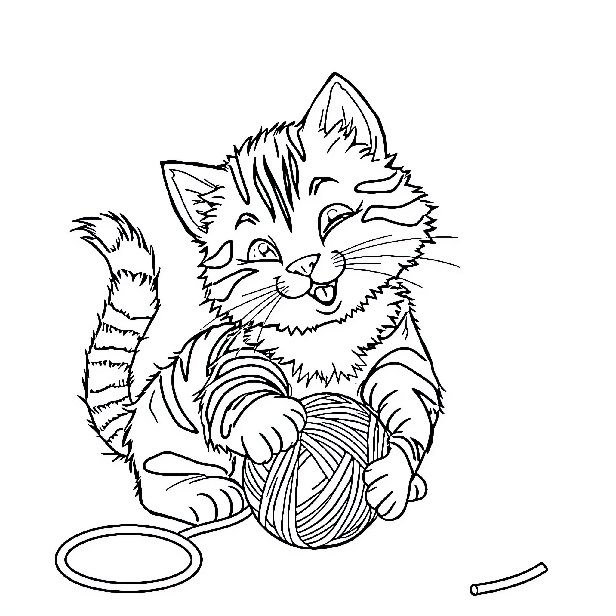 Cat playing with yarn ball Coloring Page (free black-and-white line drawing printable PDF for all, from beginners to advanced learners, including children, teens, adults, and seniors)