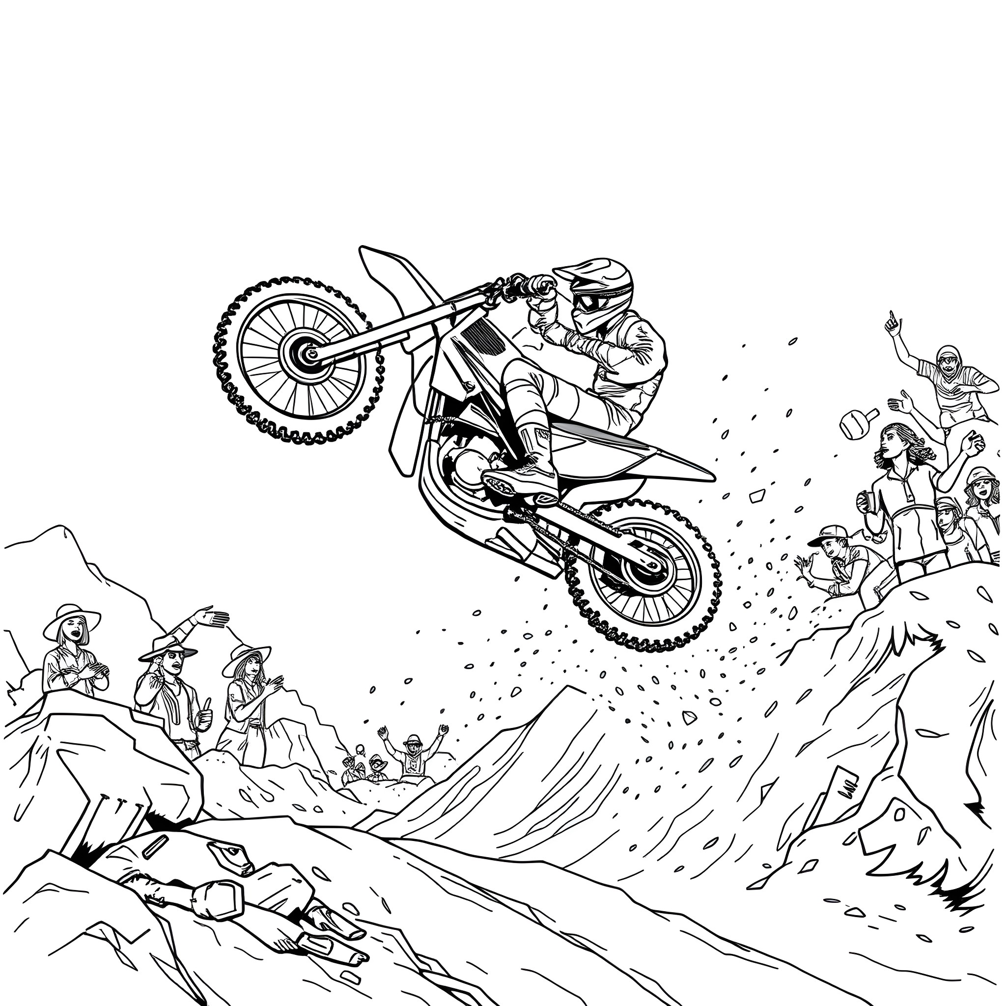 Metal Mulisha Extreme Motocross Stunt Performance Coloring Page (free black-and-white line drawing printable PDF for all, from beginners to advanced learners, including children, teens, adults, and seniors)