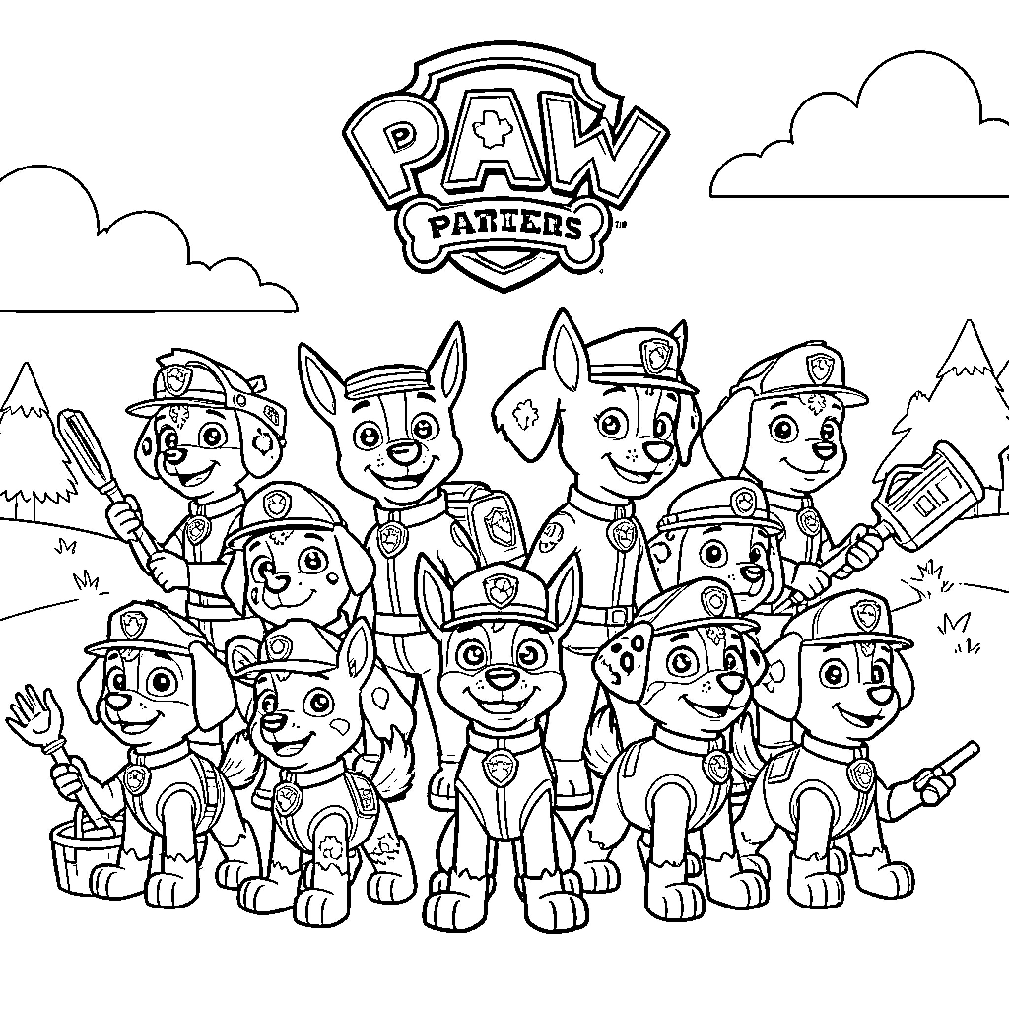 Paw Patrol pups smiling together in their rescue gear Coloring Page (free black-and-white line drawing printable PDF for all, from beginners to advanced learners, including children, teens, adults, and seniors)