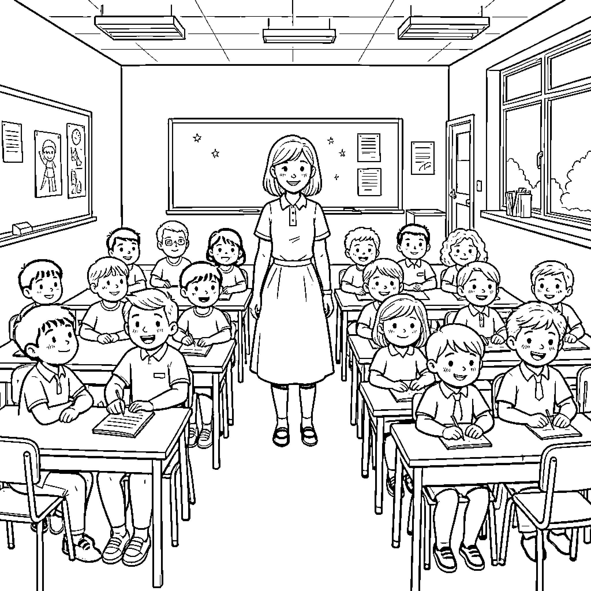 Teacher standing in front of attentive students in classroom Coloring Page (free black-and-white line drawing printable PDF for all, from beginners to advanced learners, including children, teens, adults, and seniors)