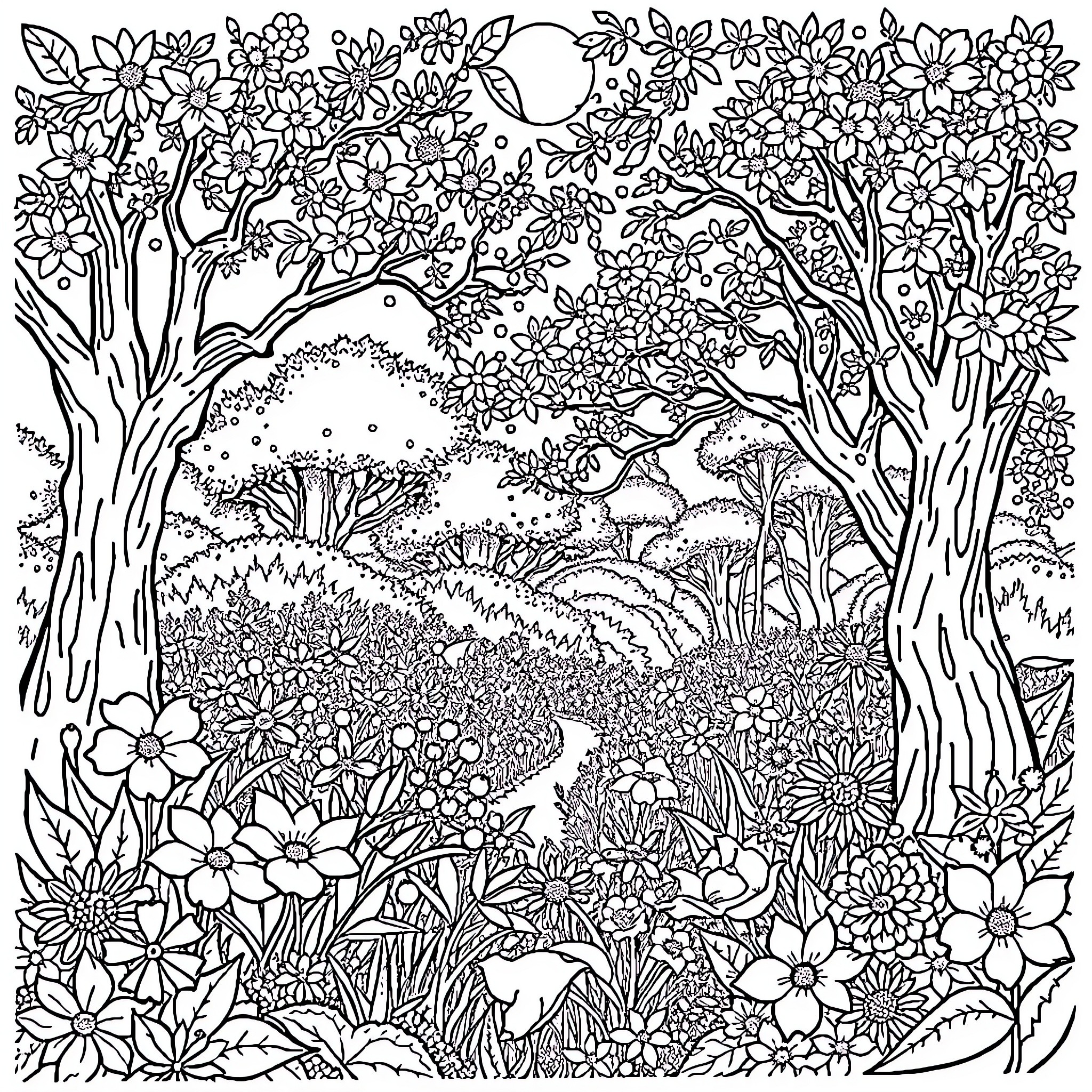 Paradise Garden of Vibrant Blooms and Nature Coloring Page (free black-and-white line drawing printable PDF for all, from beginners to advanced learners, including children, teens, adults, and seniors)