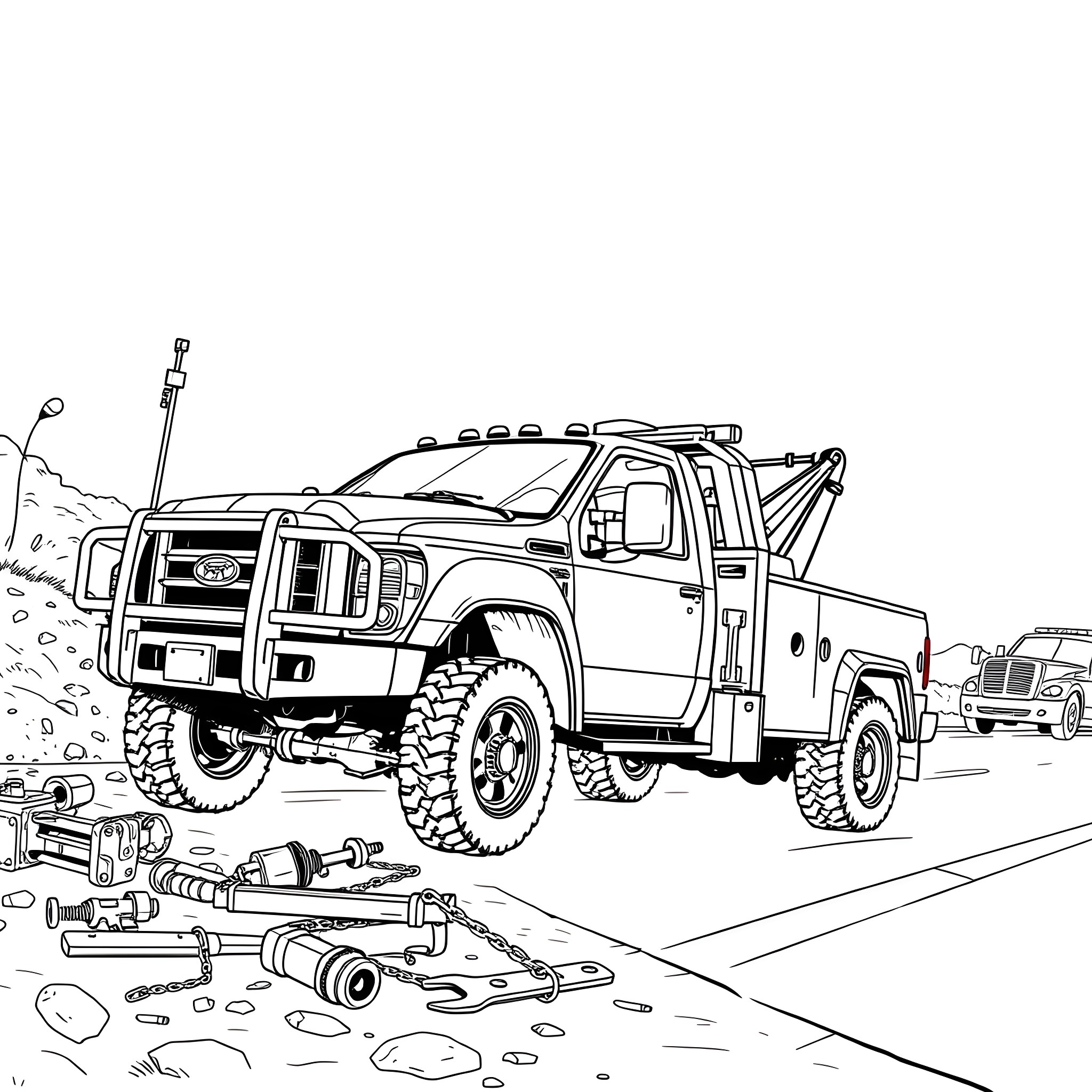 Wrecker truck assisting stranded vehicle on remote road Coloring Page (free black-and-white line drawing printable PDF for all, from beginners to advanced learners, including children, teens, adults, and seniors)