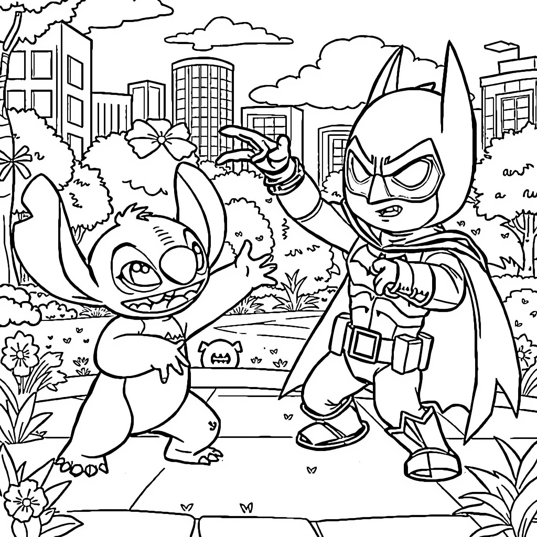 Lilo And Stitch Explore the City Together Coloring Page (free black-and-white line drawing printable PDF for all, from beginners to advanced learners, including children, teens, adults, and seniors)