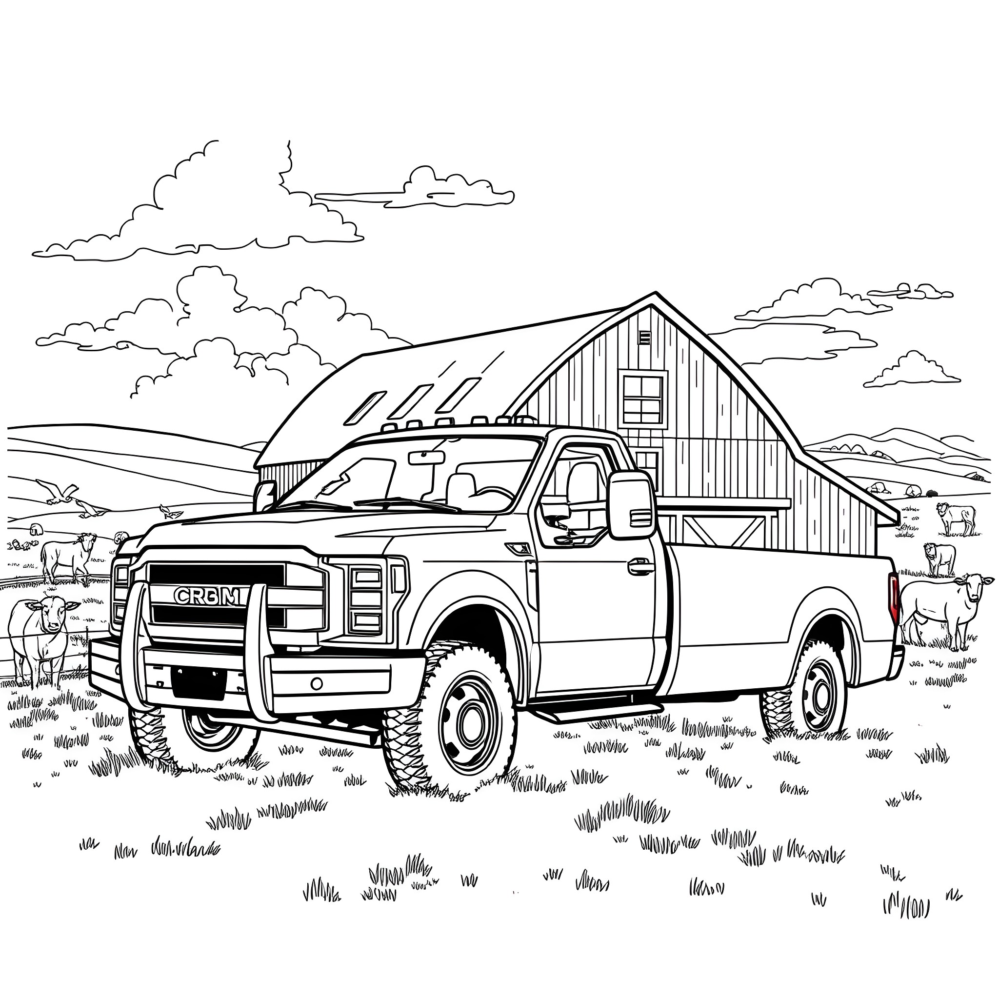 Pickup truck driving by the rustic barn Coloring Page (free black-and-white line drawing printable PDF for all, from beginners to advanced learners, including children, teens, adults, and seniors)