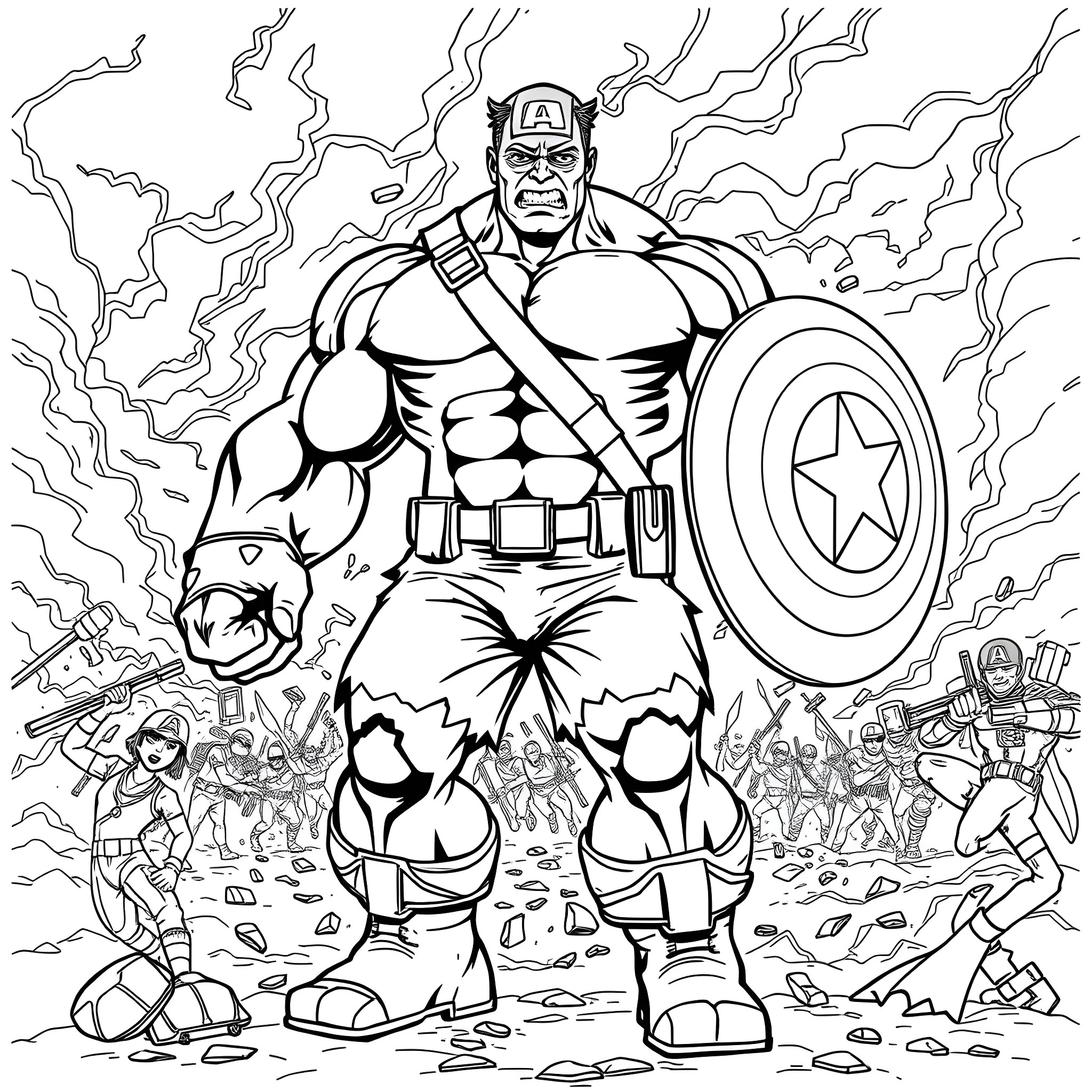 Hulk's Epic Battle with Foes in the Ruins Coloring Page (free black-and-white line drawing printable PDF for all, from beginners to advanced learners, including children, teens, adults, and seniors)