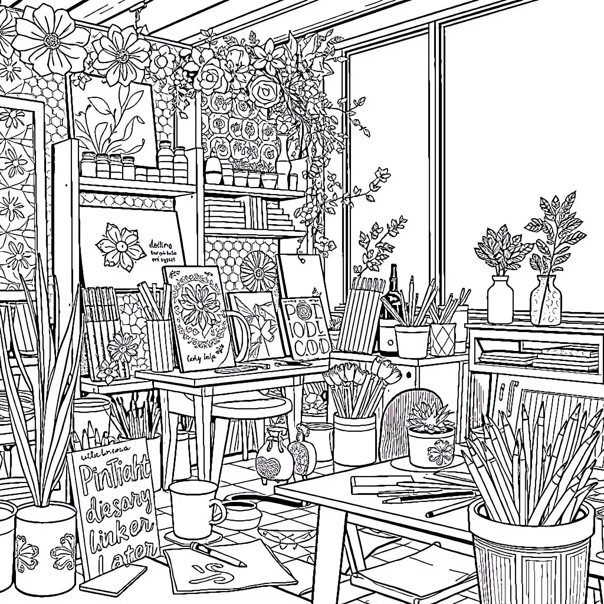 Art of a Cozy Artistic Workshop with Floral Decor Coloring Page (free black-and-white line drawing printable PDF for all, from beginners to advanced learners, including children, teens, adults, and seniors)