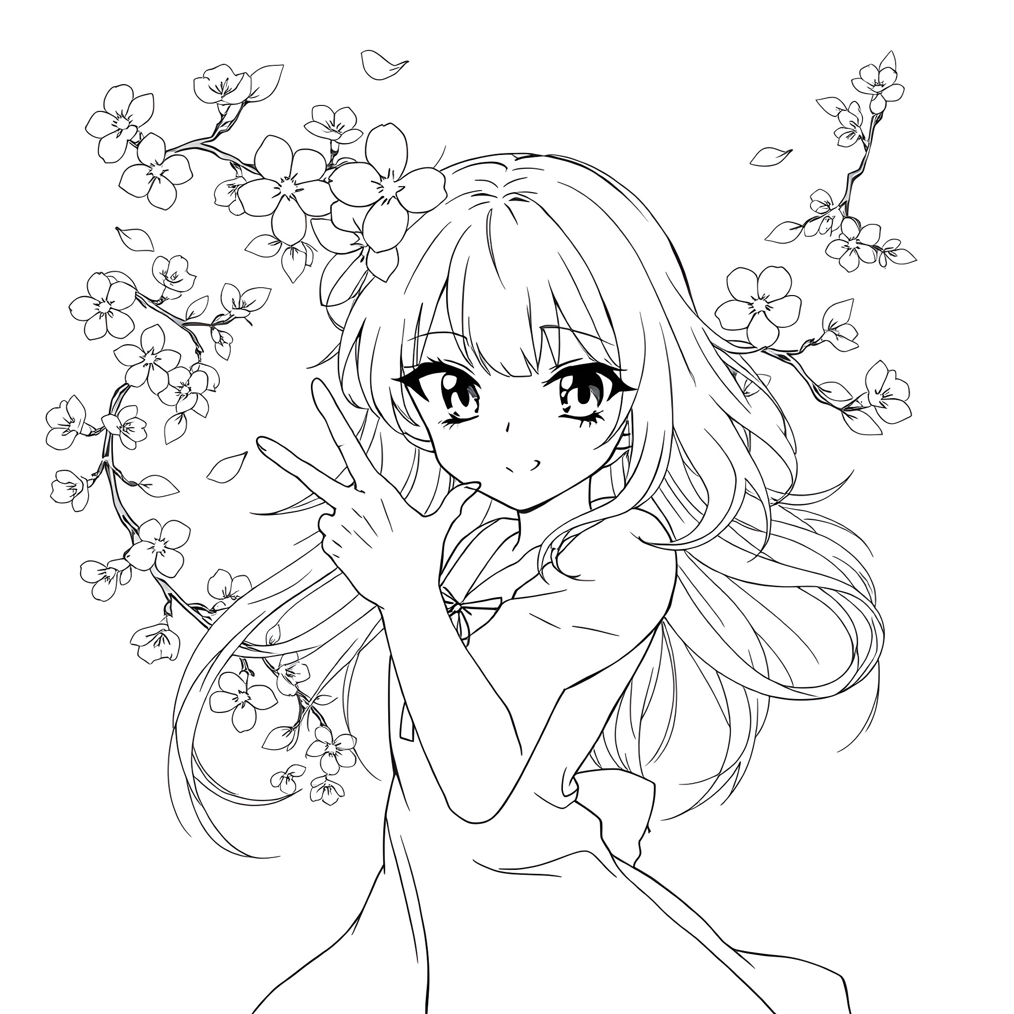 Anime Girl in Floral Embrace Coloring Page (free black-and-white line drawing printable PDF for all, from beginners to advanced learners, including children, teens, adults, and seniors)