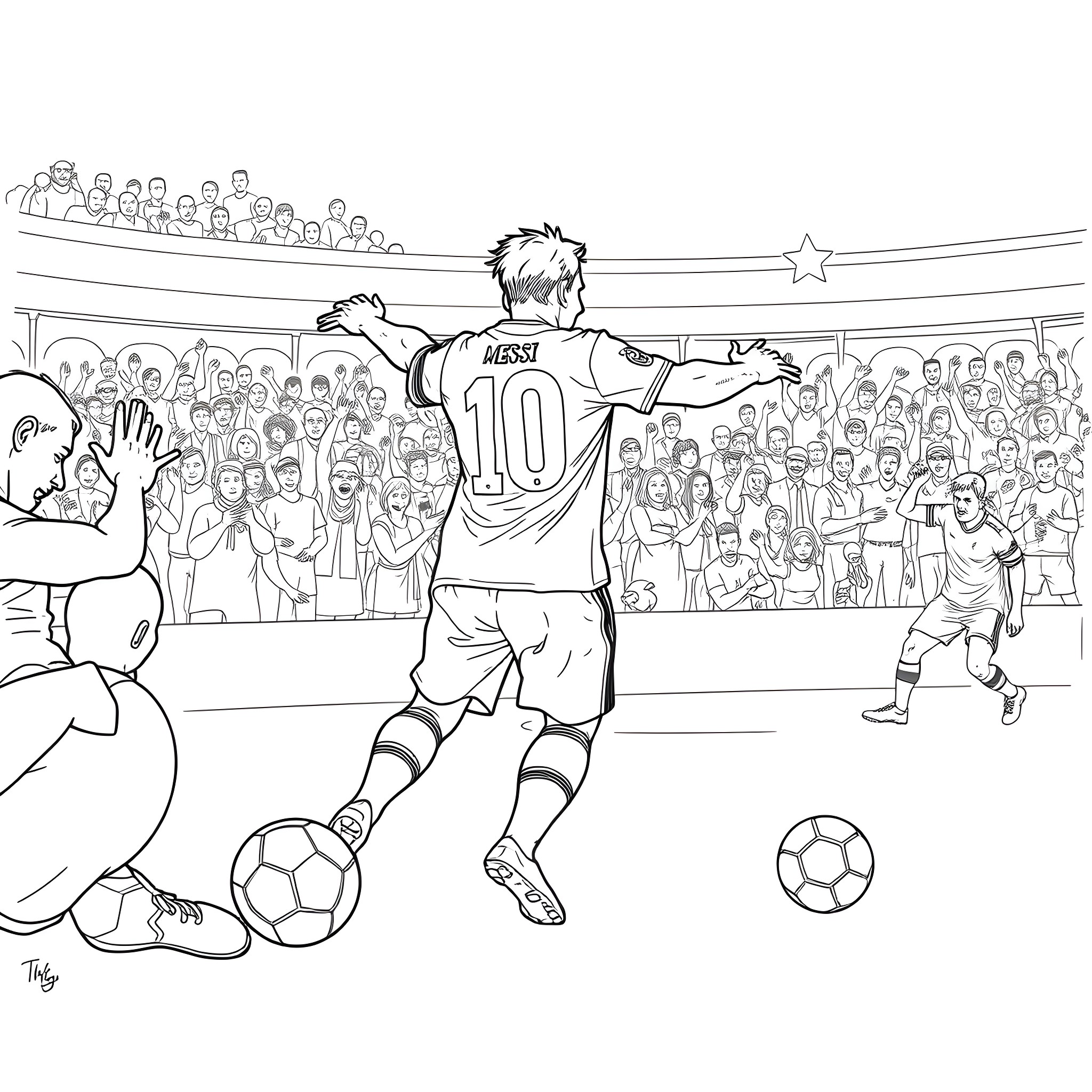 Lionel Messi playing soccer in a stadium Coloring Page (free black-and-white line drawing printable PDF for all, from beginners to advanced learners, including children, teens, adults, and seniors)