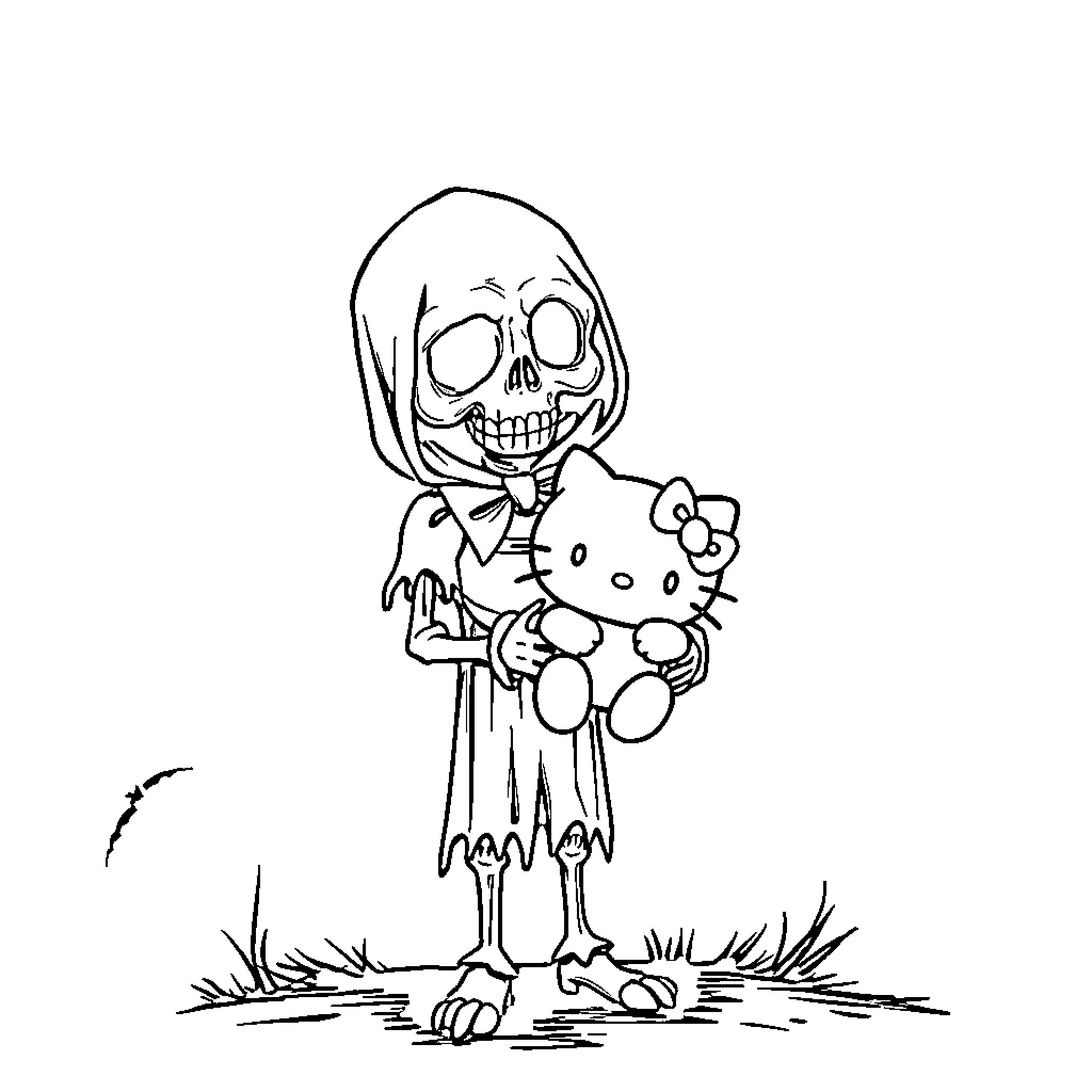Death's Embrace: A Skeletal Figure with a Toy Coloring Page (free black-and-white line drawing printable PDF for all, from beginners to advanced learners, including children, teens, adults, and seniors)