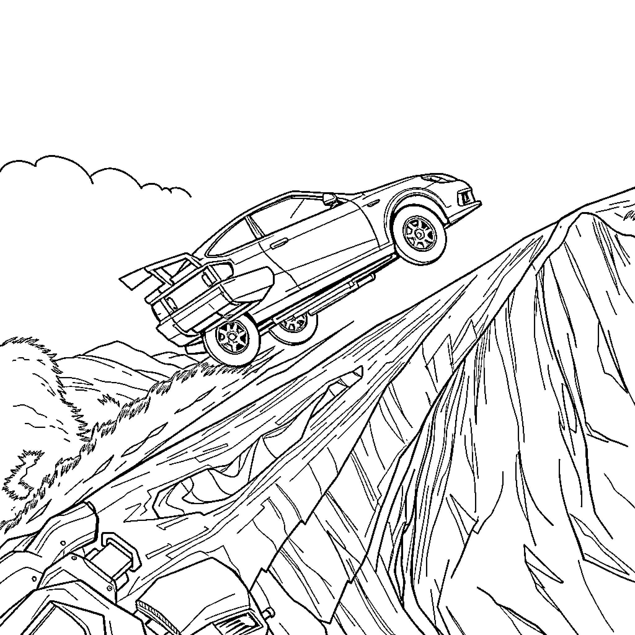 Car performing stunts on rugged terrain Coloring Page (free black-and-white line drawing printable PDF for all, from beginners to advanced learners, including children, teens, adults, and seniors)