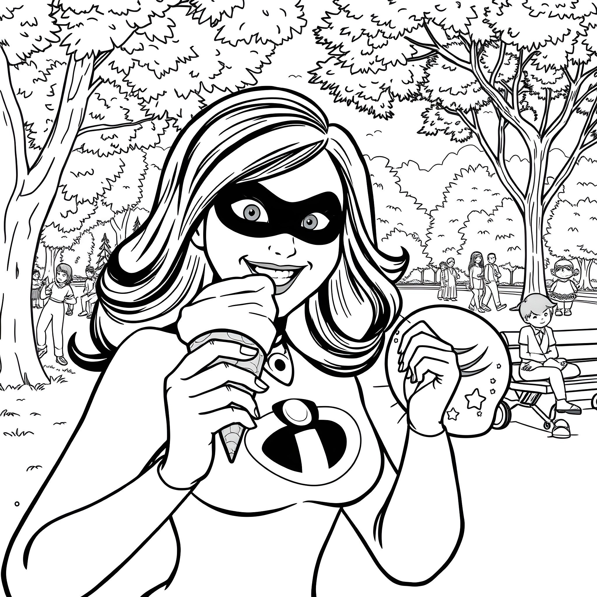 Ms. Incredible on an exciting adventure in the park Coloring Page (free black-and-white line drawing printable PDF for all, from beginners to advanced learners, including children, teens, adults, and seniors)