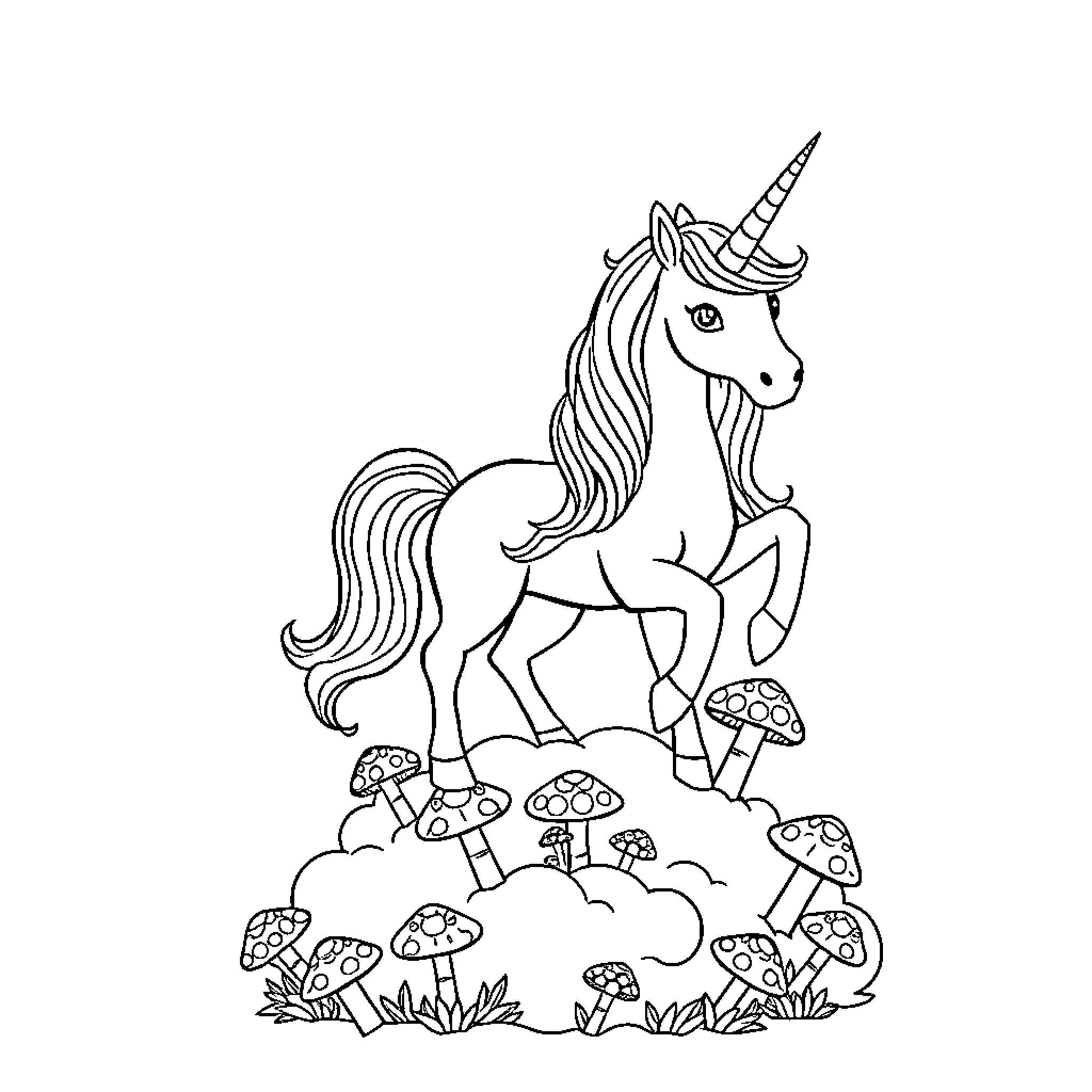 Unicorn exploring magical mushroom forest Coloring Page (free black-and-white line drawing printable PDF for all, from beginners to advanced learners, including children, teens, adults, and seniors)