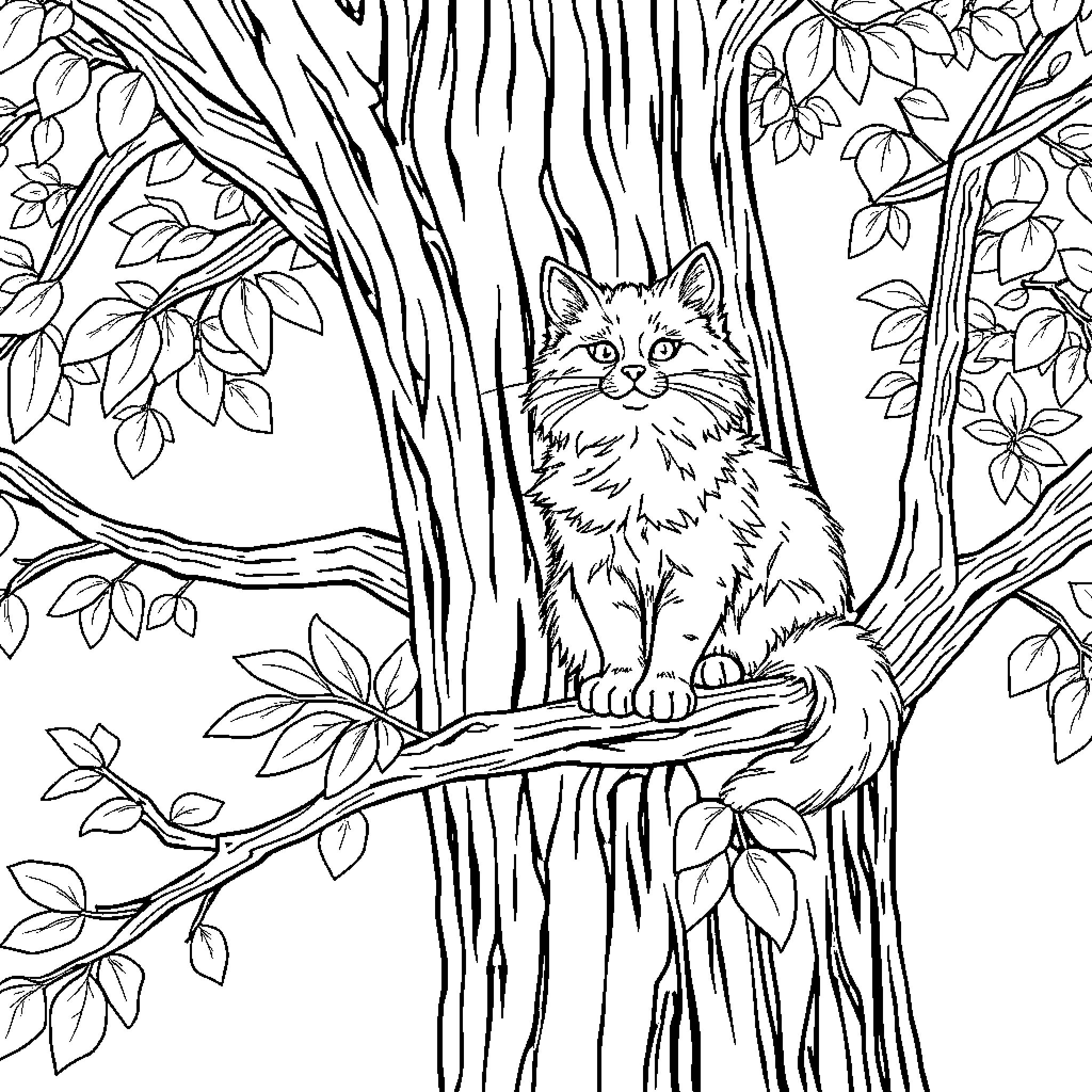 Cat resting calmly on a tree branch Coloring Page (free black-and-white line drawing printable PDF for all, from beginners to advanced learners, including children, teens, adults, and seniors)