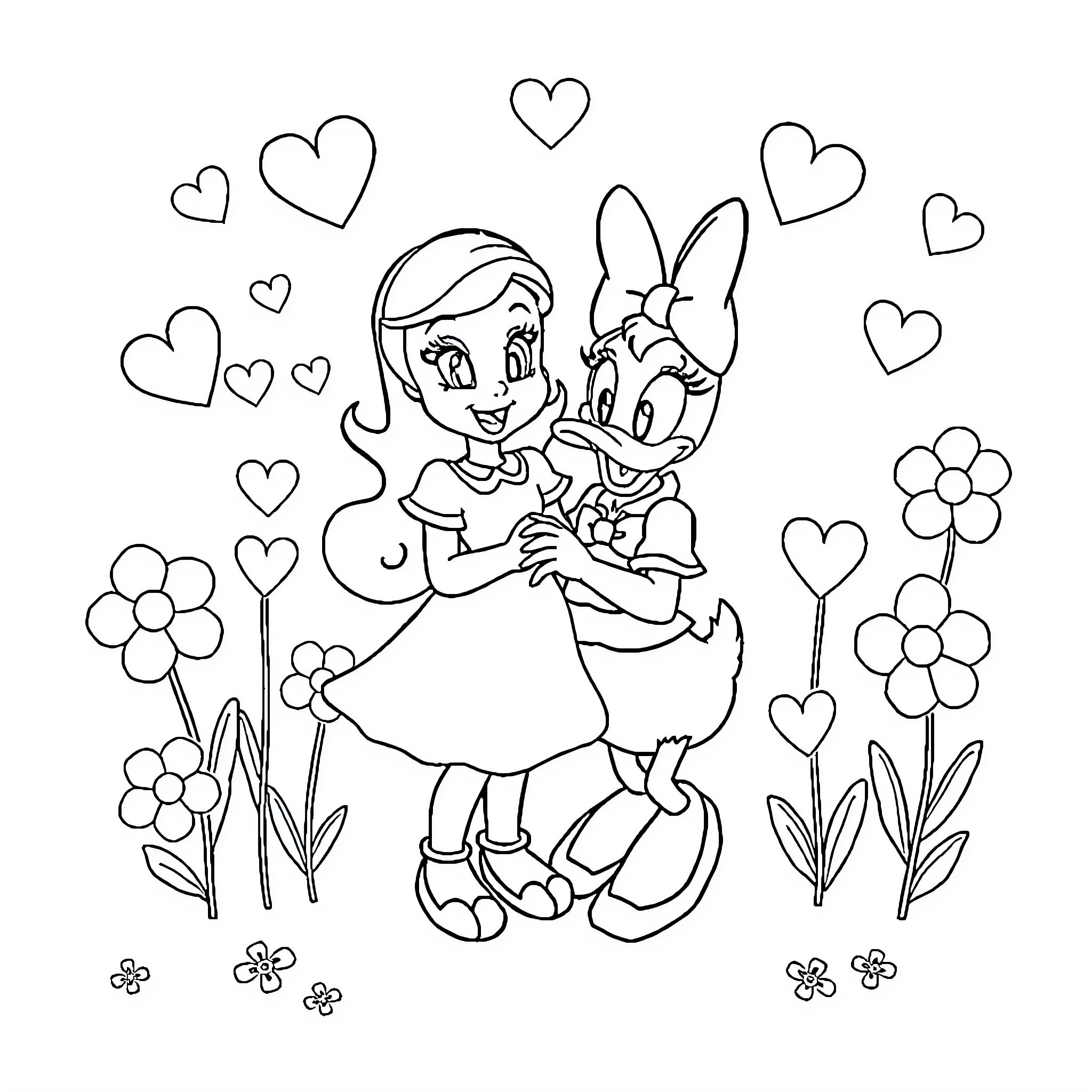 Mirabel embracing Daisy in a heartfelt moment Coloring Page (free black-and-white line drawing printable PDF for all, from beginners to advanced learners, including children, teens, adults, and seniors)
