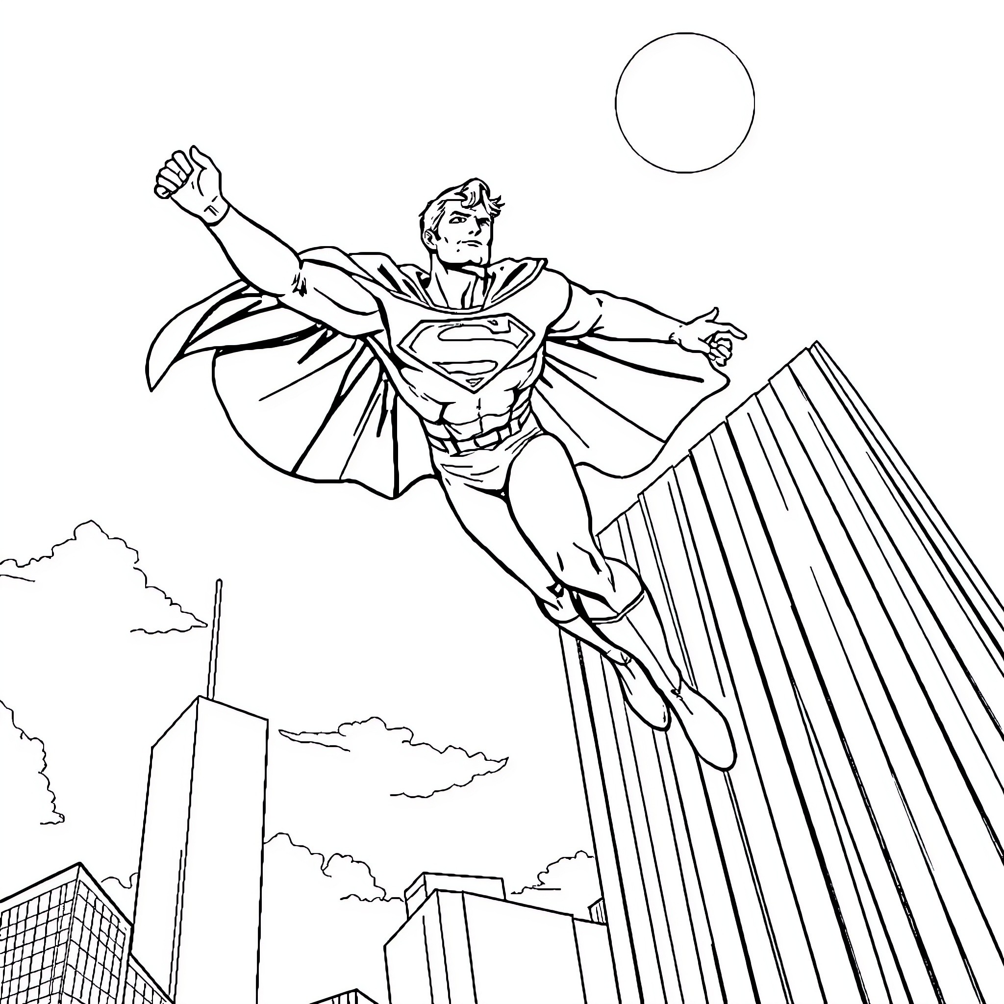 Superman soaring over the city in action pose Coloring Page (free black-and-white line drawing printable PDF for all, from beginners to advanced learners, including children, teens, adults, and seniors)