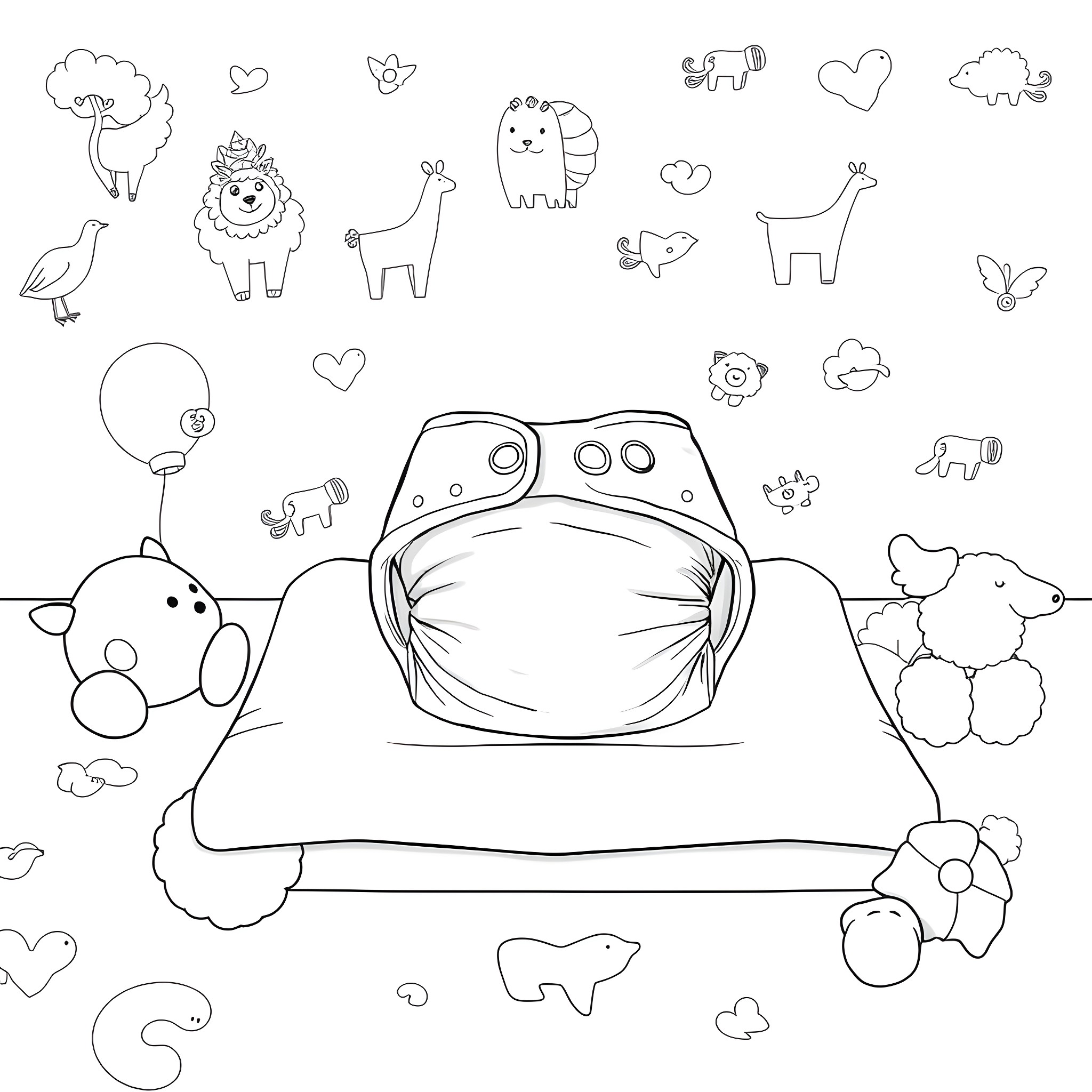 Diaper and cute animal illustrations Coloring Page (free black-and-white line drawing printable PDF for all, from beginners to advanced learners, including children, teens, adults, and seniors)