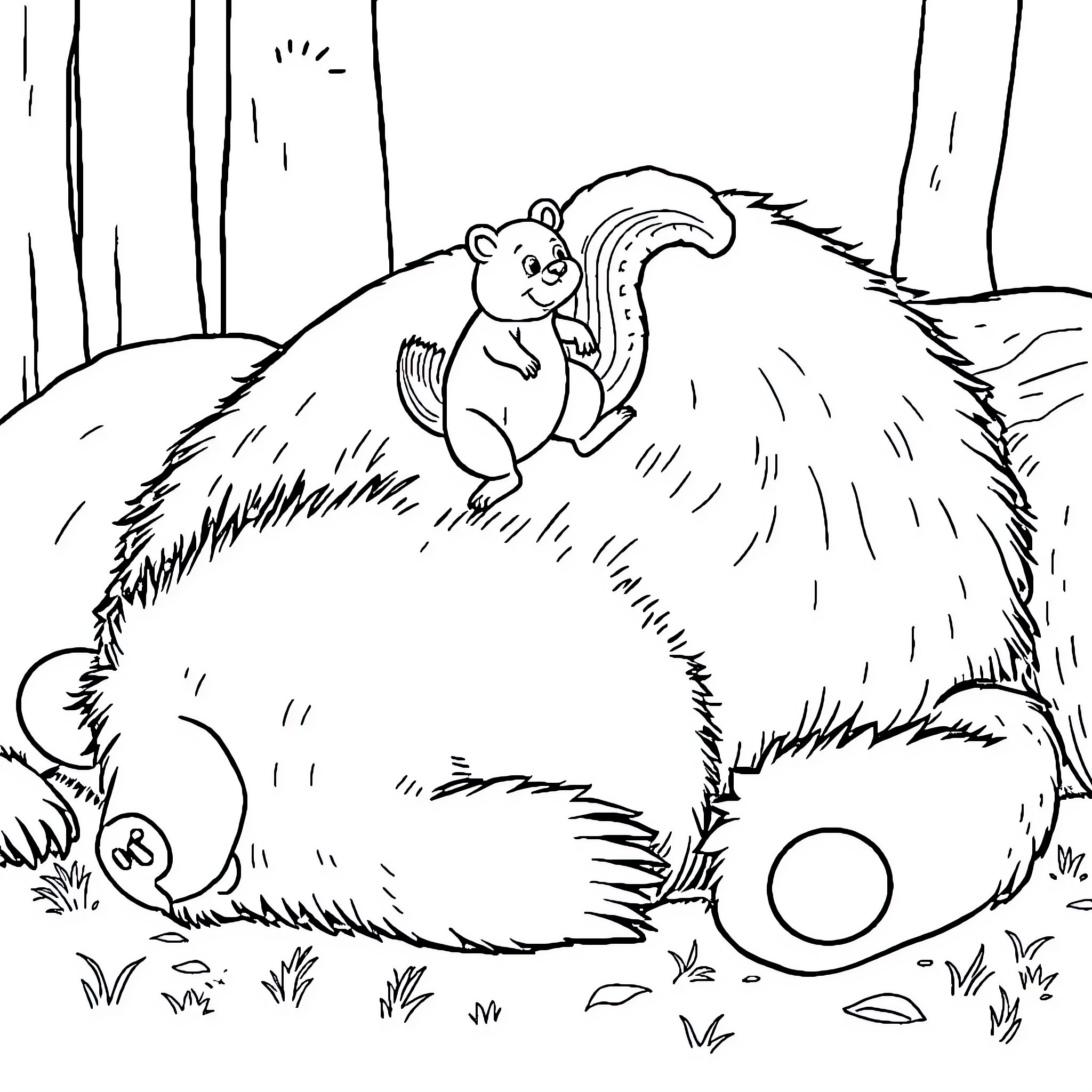 Squirrel exploring a fuzzy forest friend Coloring Page (free black-and-white line drawing printable PDF for all, from beginners to advanced learners, including children, teens, adults, and seniors)