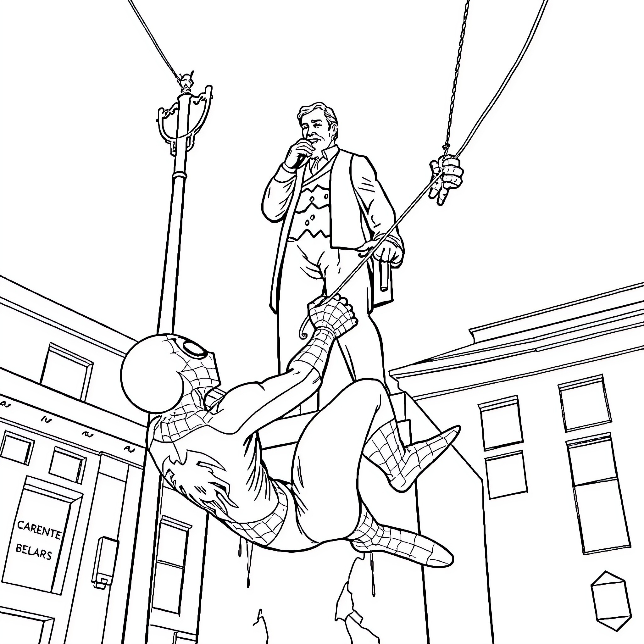 Spiderman rescues a person in a daring act Coloring Page (free black-and-white line drawing printable PDF for all, from beginners to advanced learners, including children, teens, adults, and seniors)