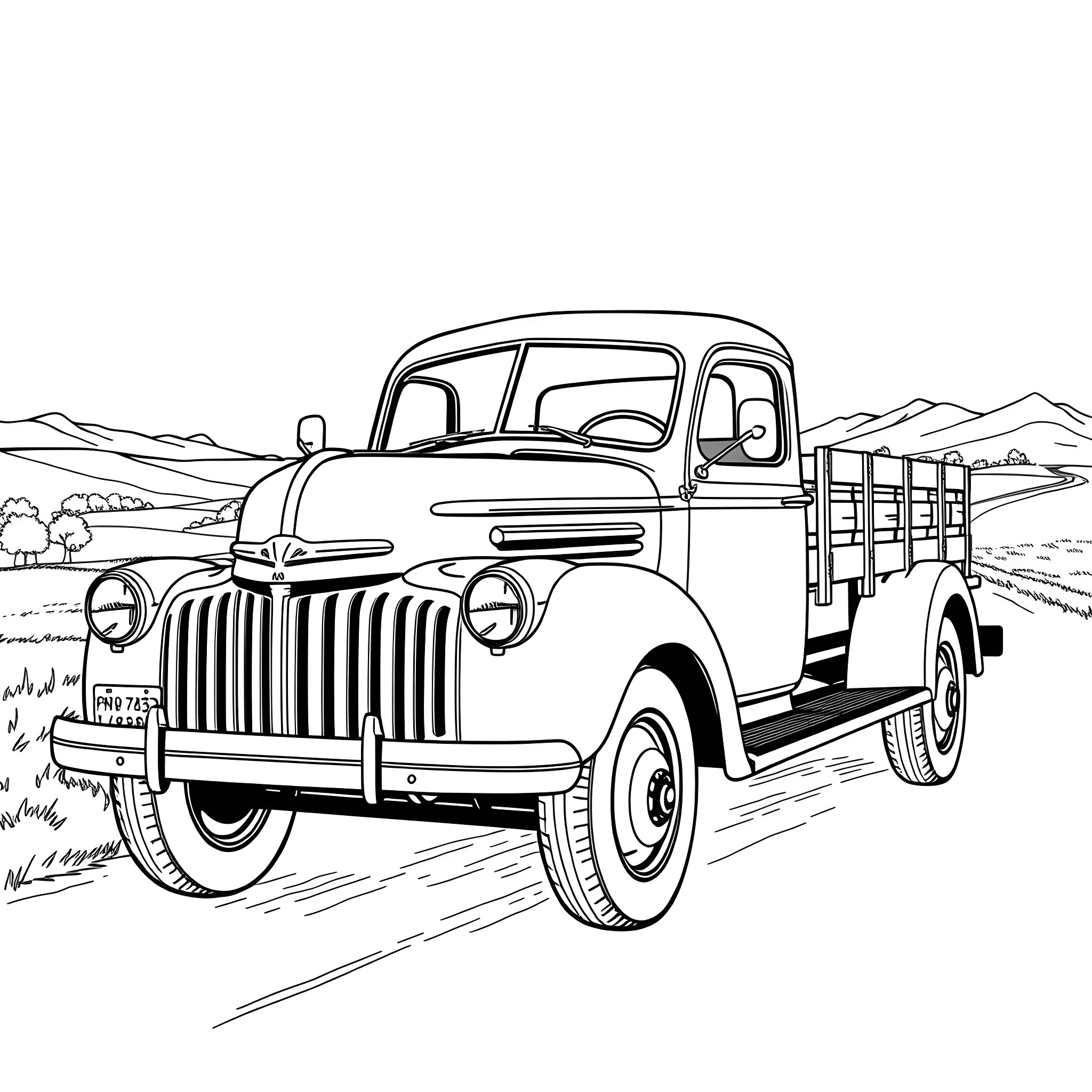 Truck carrying cargo on country road Coloring Page (free black-and-white line drawing printable PDF for all, from beginners to advanced learners, including children, teens, adults, and seniors)