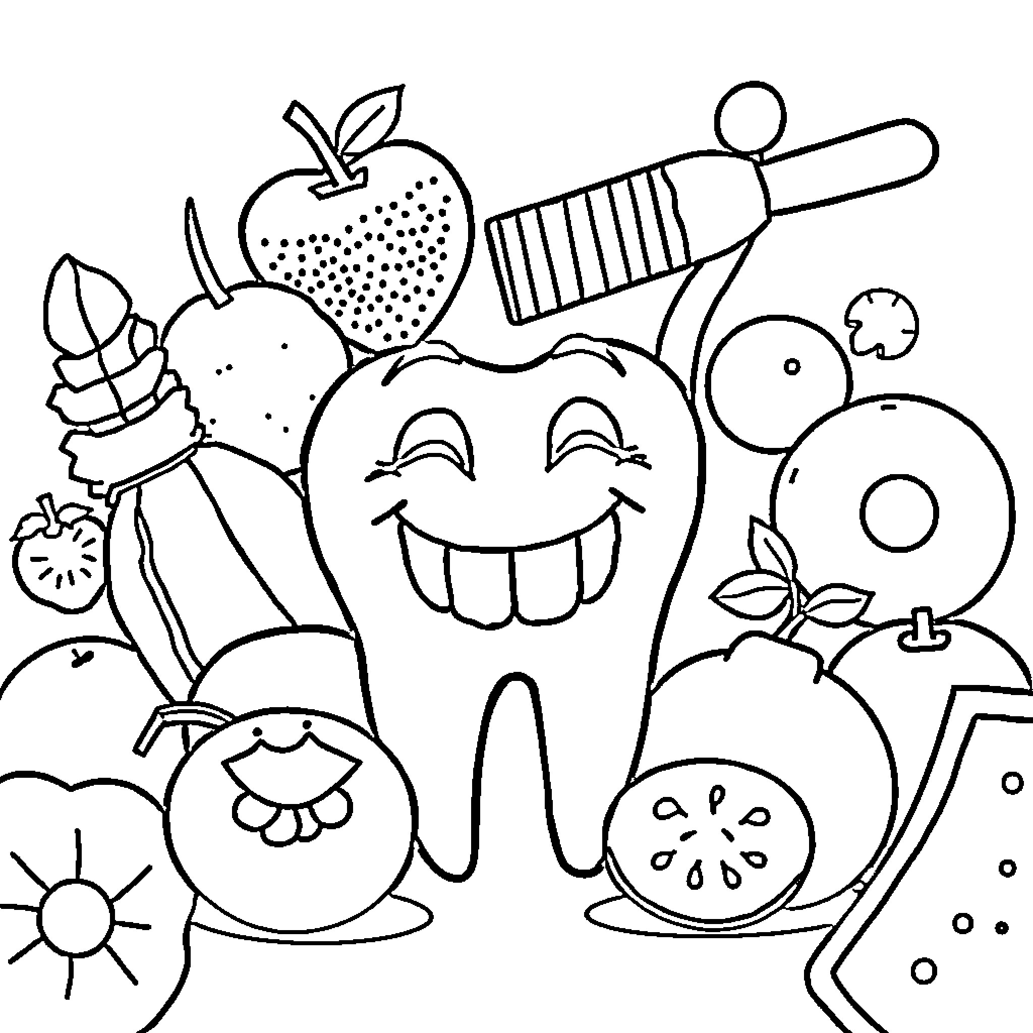 Tooth Surrounded by Dental Hygiene Supplies Coloring Page (free black-and-white line drawing printable PDF for all, from beginners to advanced learners, including children, teens, adults, and seniors)