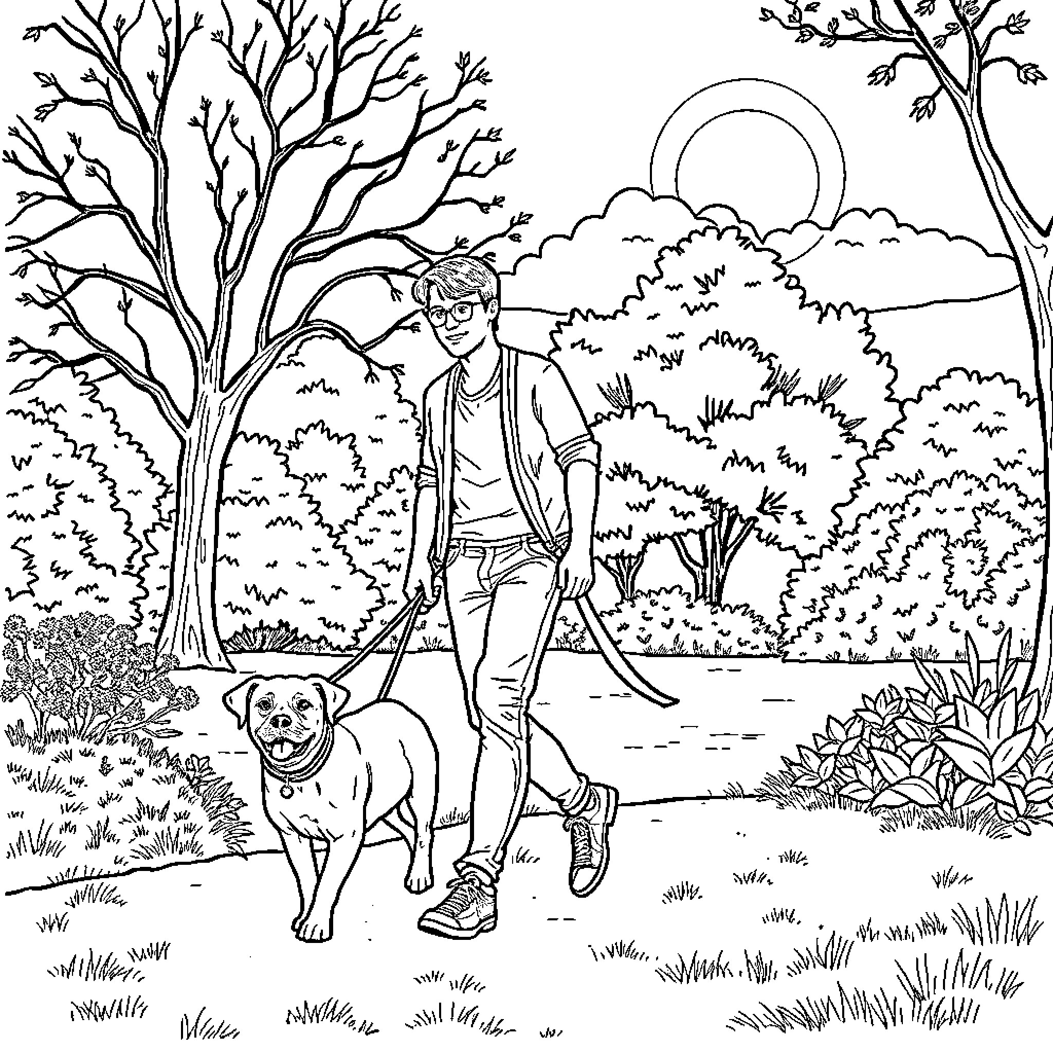 Aman walking his dog in the park Coloring Page (free black-and-white line drawing printable PDF for all, from beginners to advanced learners, including children, teens, adults, and seniors)