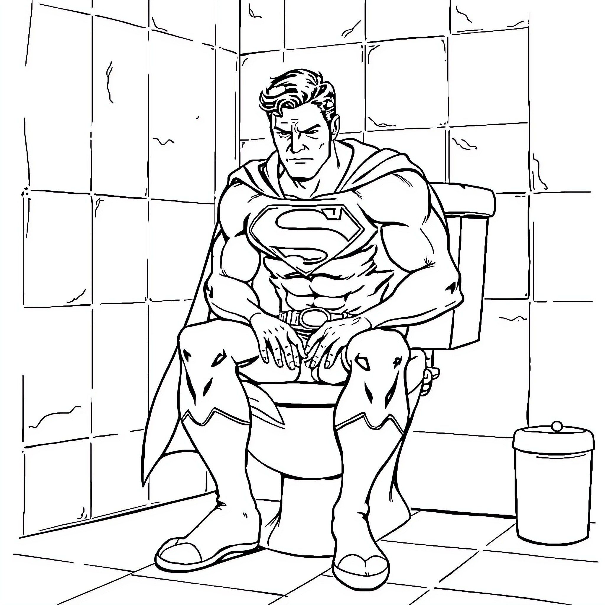 Superman sitting on a chair in a room Coloring Page (free black-and-white line drawing printable PDF for all, from beginners to advanced learners, including children, teens, adults, and seniors)