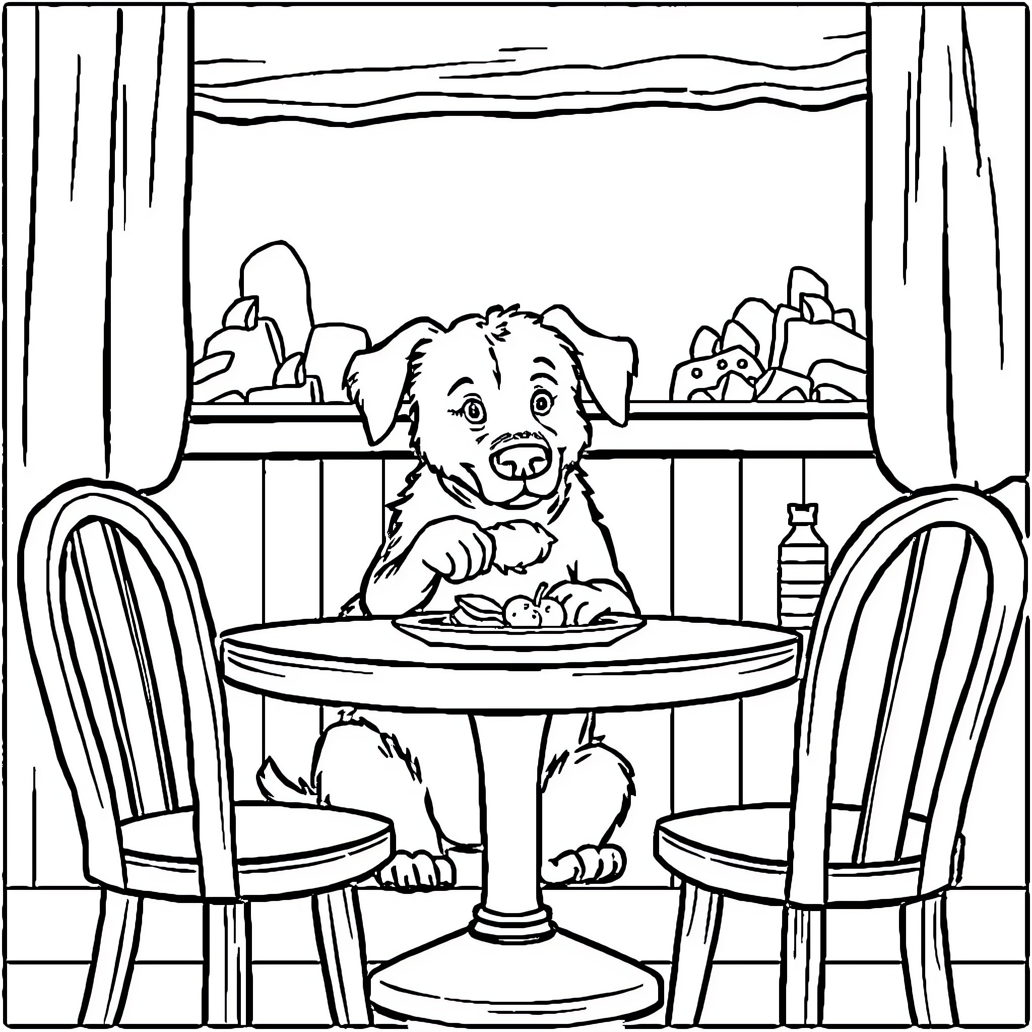 Dog Enjoying a Meal at the Table Coloring Page (free black-and-white line drawing printable PDF for all, from beginners to advanced learners, including children, teens, adults, and seniors)